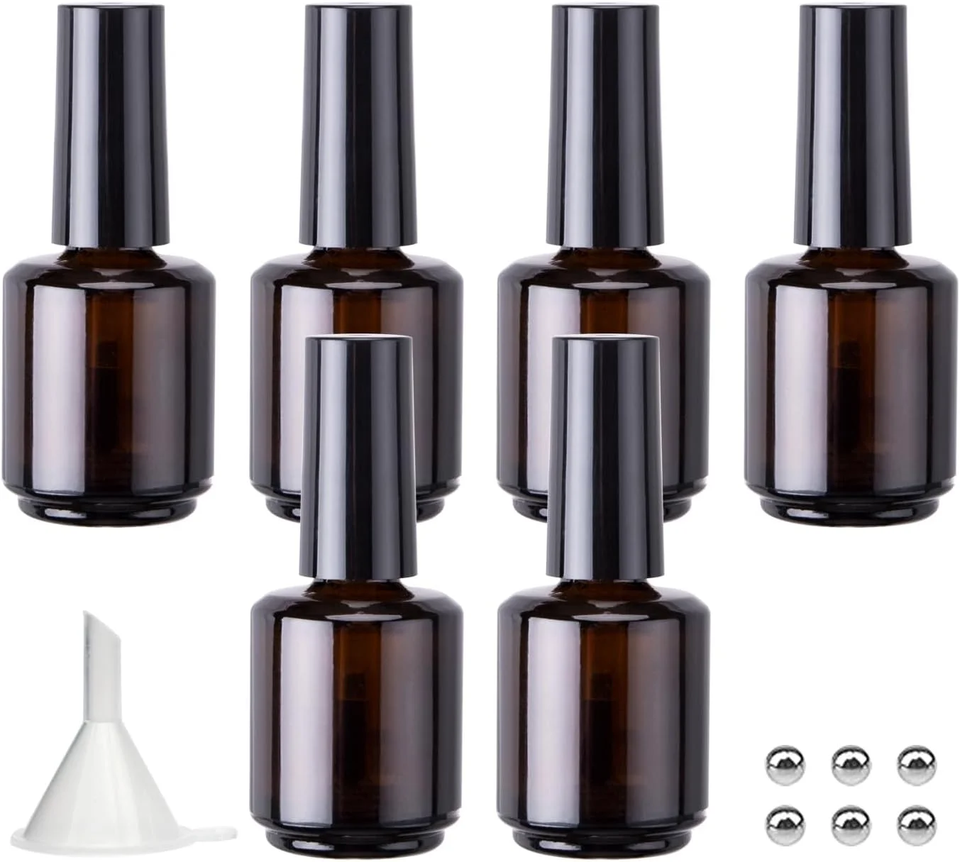 ۶ عدد بطری لاک ناخن قهوه ای خالی با برس گرد، ویال های شیشه ای قابل پر کردن مجدد لاک ناخن خالی با توپ های مخلوط کننده، قیف و درپوش برای روغن کوتیکول ناخن DIY