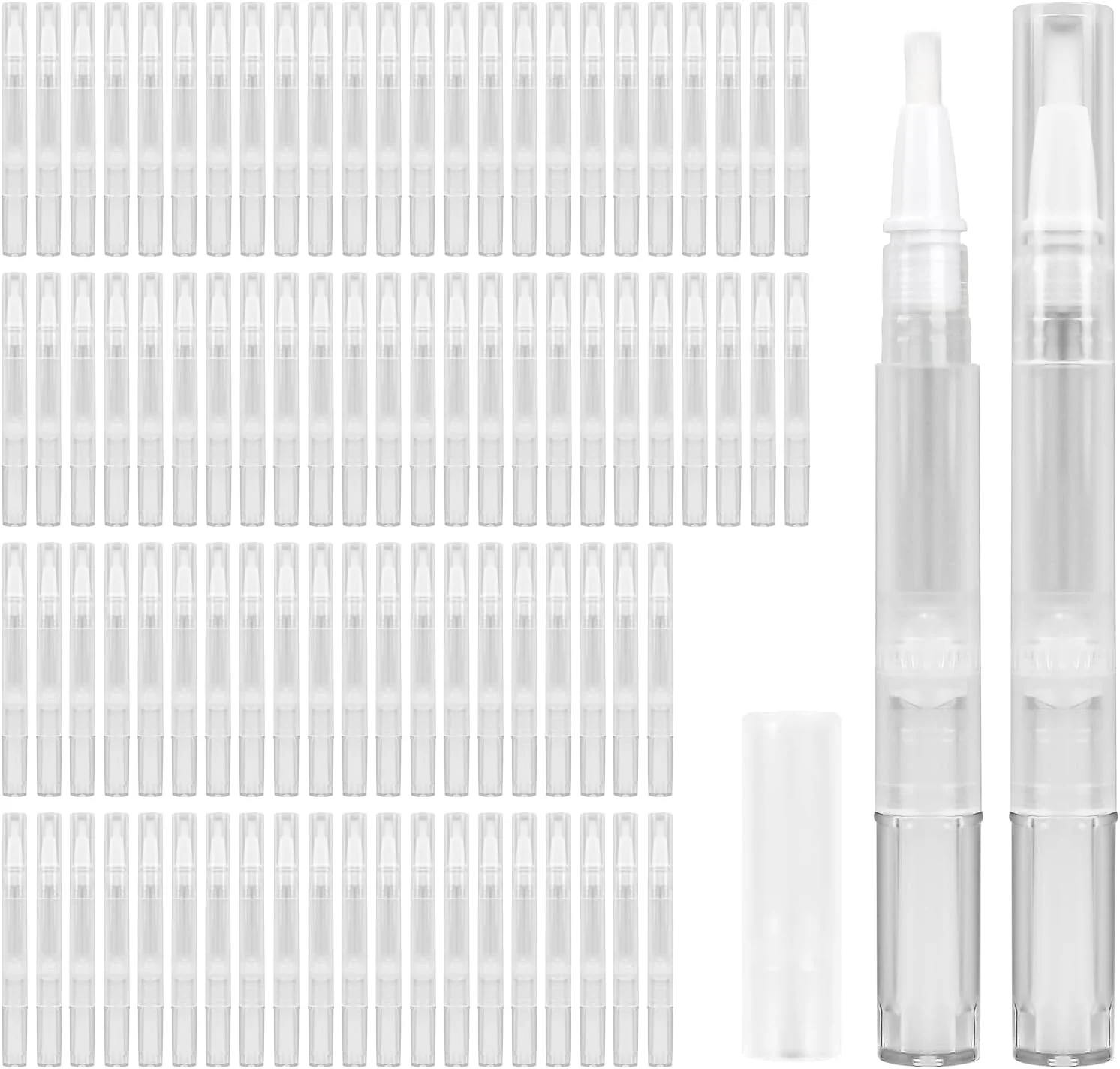 ۱۰۰ عدد قلم روغن کوتیکول خالی، قلم های پیچشی شفاف ۳ میلی لیتری، قلم روغن ناخن خالی با برس نوک خوشنویسی برای استفاده دقیق، ظرف براق کننده لب