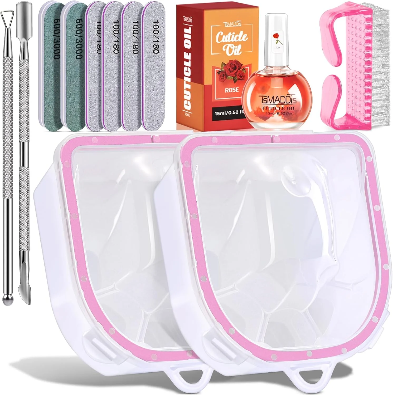 ست پاک کننده لاک ناخن TsMADDTs با 2 عدد کاسه خیساندن ناخن، کاسه های مانیکور برای دست، ابزار حذف کوتیکول، روغن کوتیکول، سوهان، بافر، برس، ست حذف دیپ