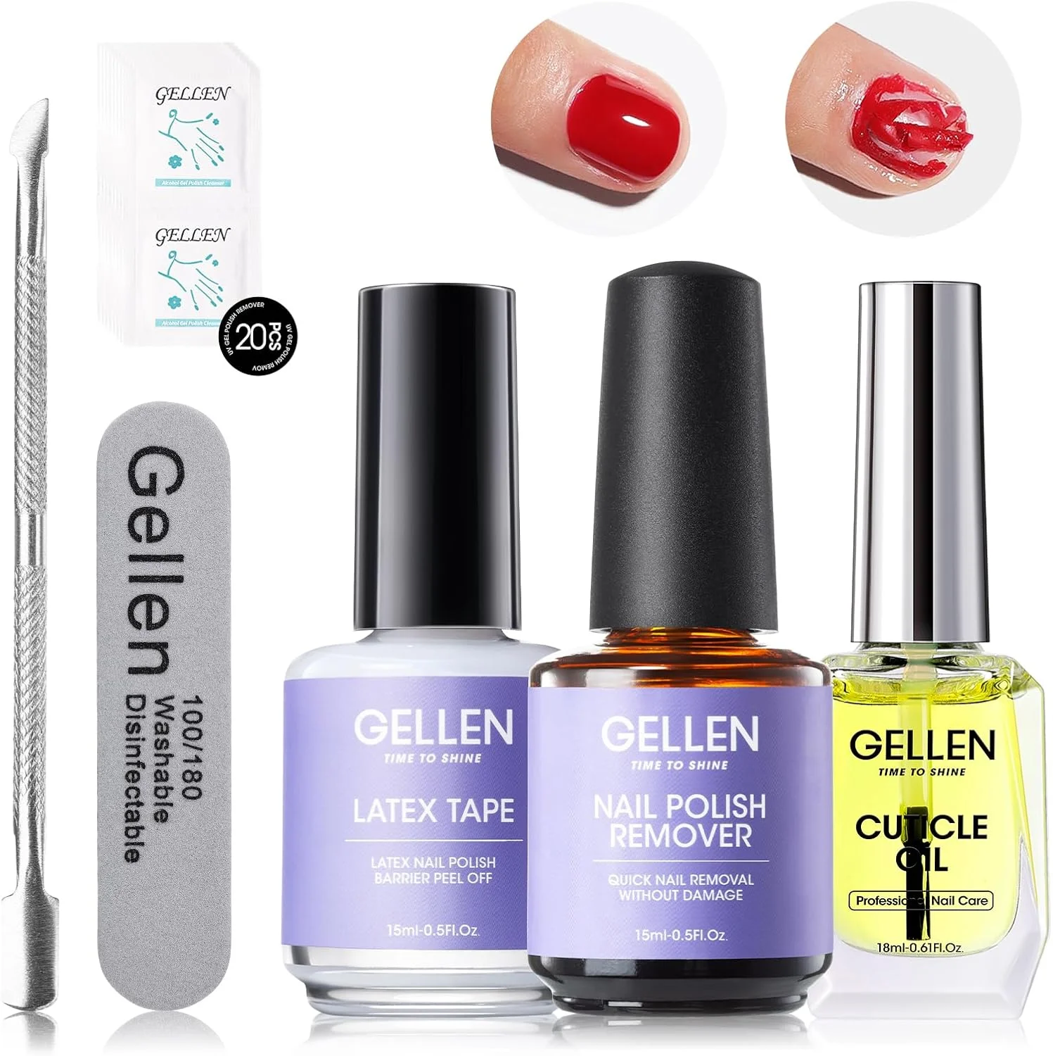 مجموعه پاک کننده لاک ژل Gellen، شامل نوار لاتکس مایع، روغن کوتیکول و ابزار مانیکور، پاک کننده سریع و آسان لاک ژل در 3-5 دقیقه