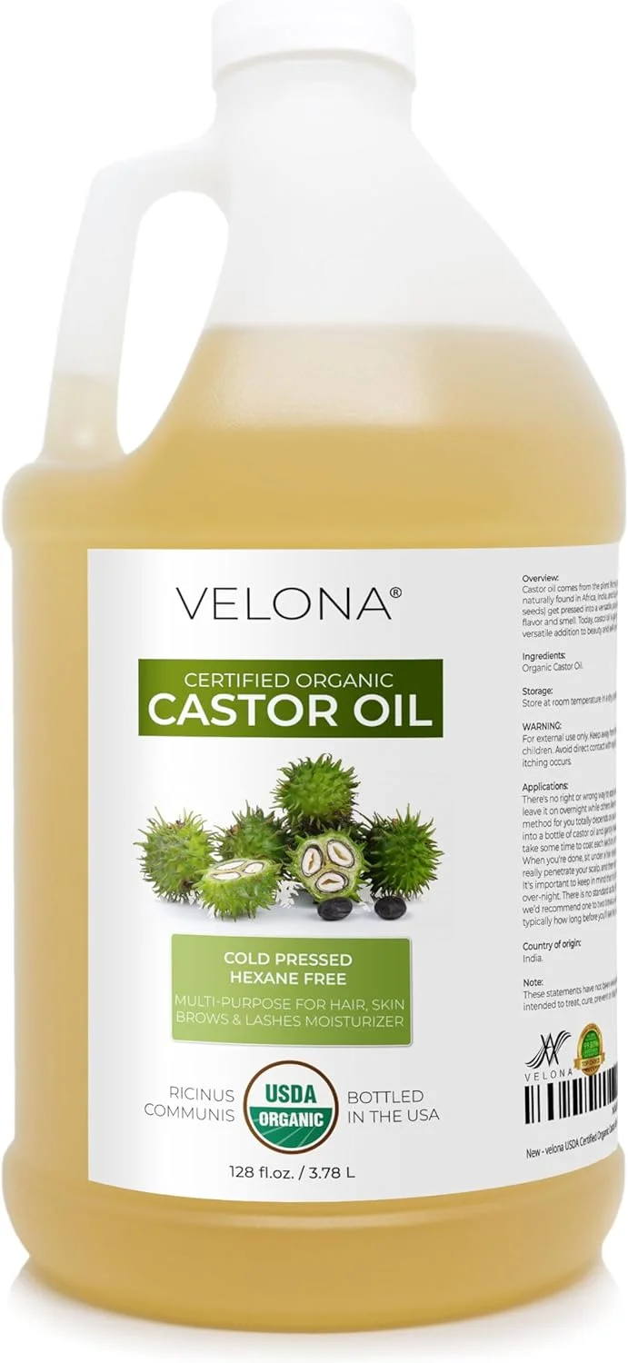 روغن کرچک ارگانیک تایید شده USDA ولونا - 1 گالن / 128 اونس مایع | برای مو، تقویت مژه ها، ابروها | پرس سرد، روغن طبیعی، درجه USP | بدون هگزان