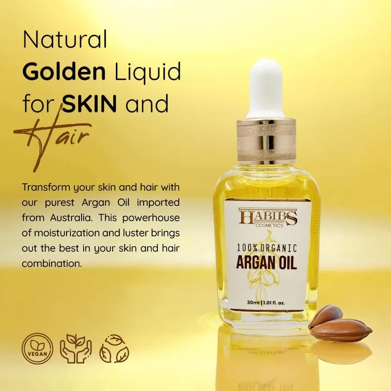روغن آرگان مراکشی خالص و ارگانیک حبیبز، مناسب برای مو، پوست، ناخن، کوتیکول، صورت و ریش. روغن آرگان فشرده سرد، بدون بو، وگان، غیر تراریخته و بدون گلوتن برای رشد مو و رطوبت پوست، بسته 30 میلی لیتری