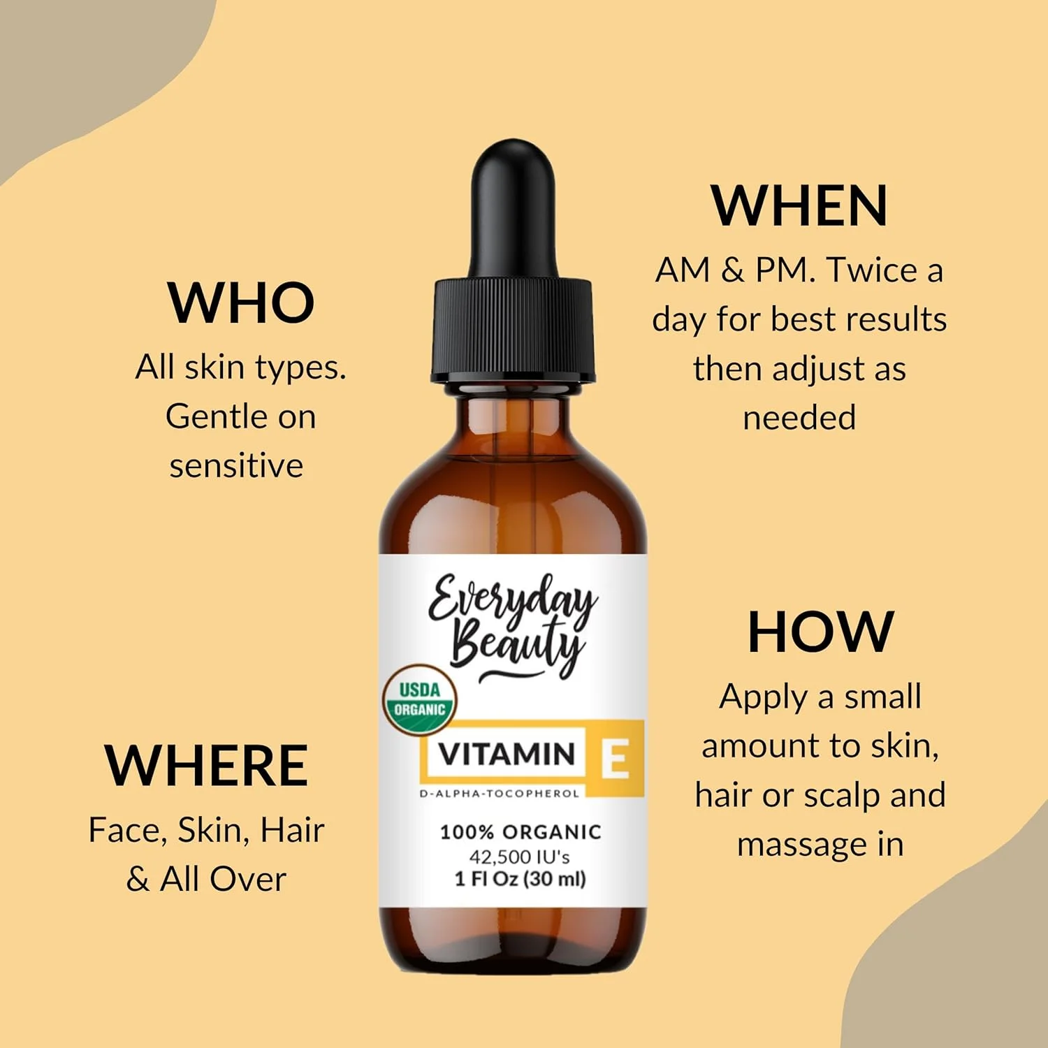 روغن ویتامین E صد درصد ارگانیک - دی-آلفا توکوفرول دارای گواهی USDA صد درصد ارگانیک - خالص و طبیعی 30 میلی لیتر - برای صورت، پوست و ناخن - کاهش چین و چروک، ضد پیری، روشن کننده لکه های تیره