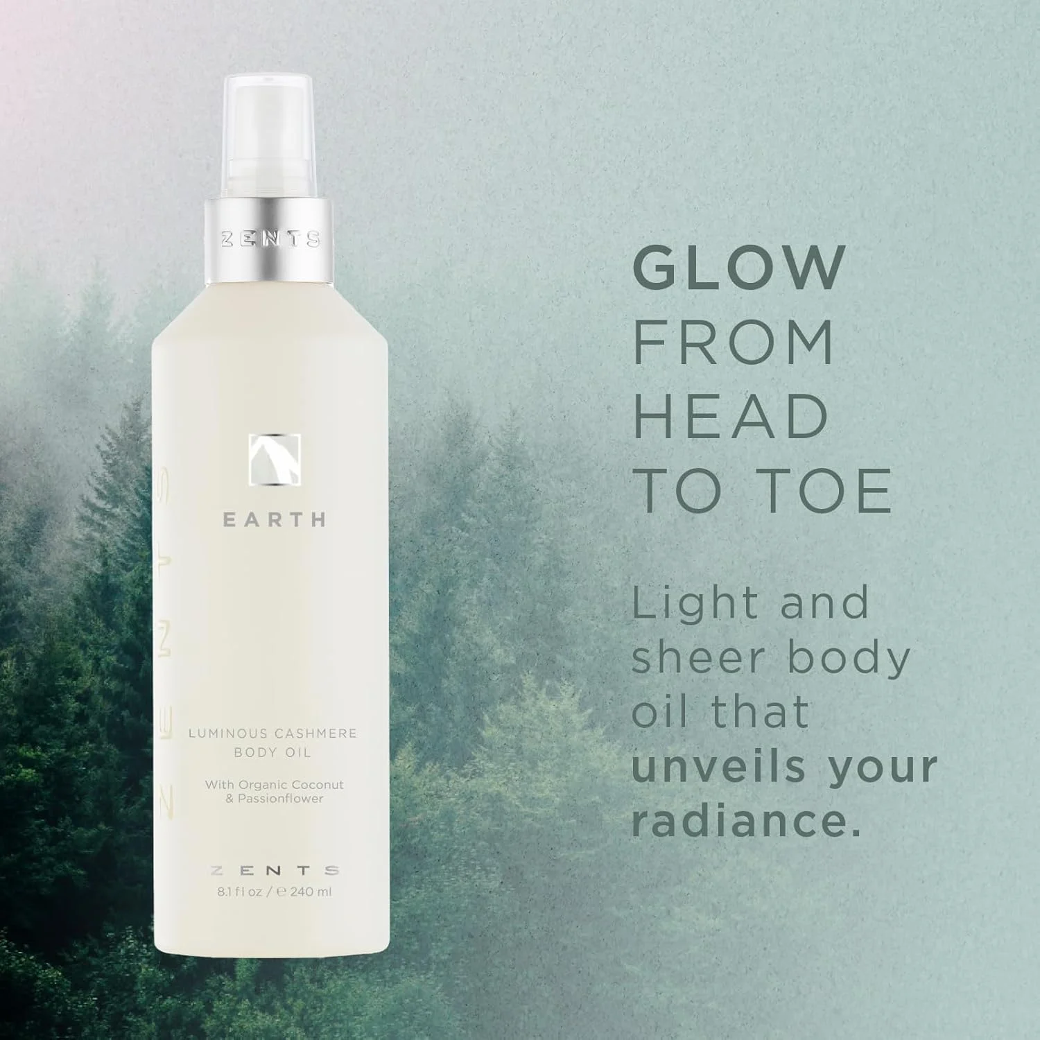 روغن بدن لومینوس کشمیر Zents، نرم کننده و مرطوب کننده پوست با ویتامین E و روغن نارگیل ارگانیک، 240 میلی لیتر (Earth)