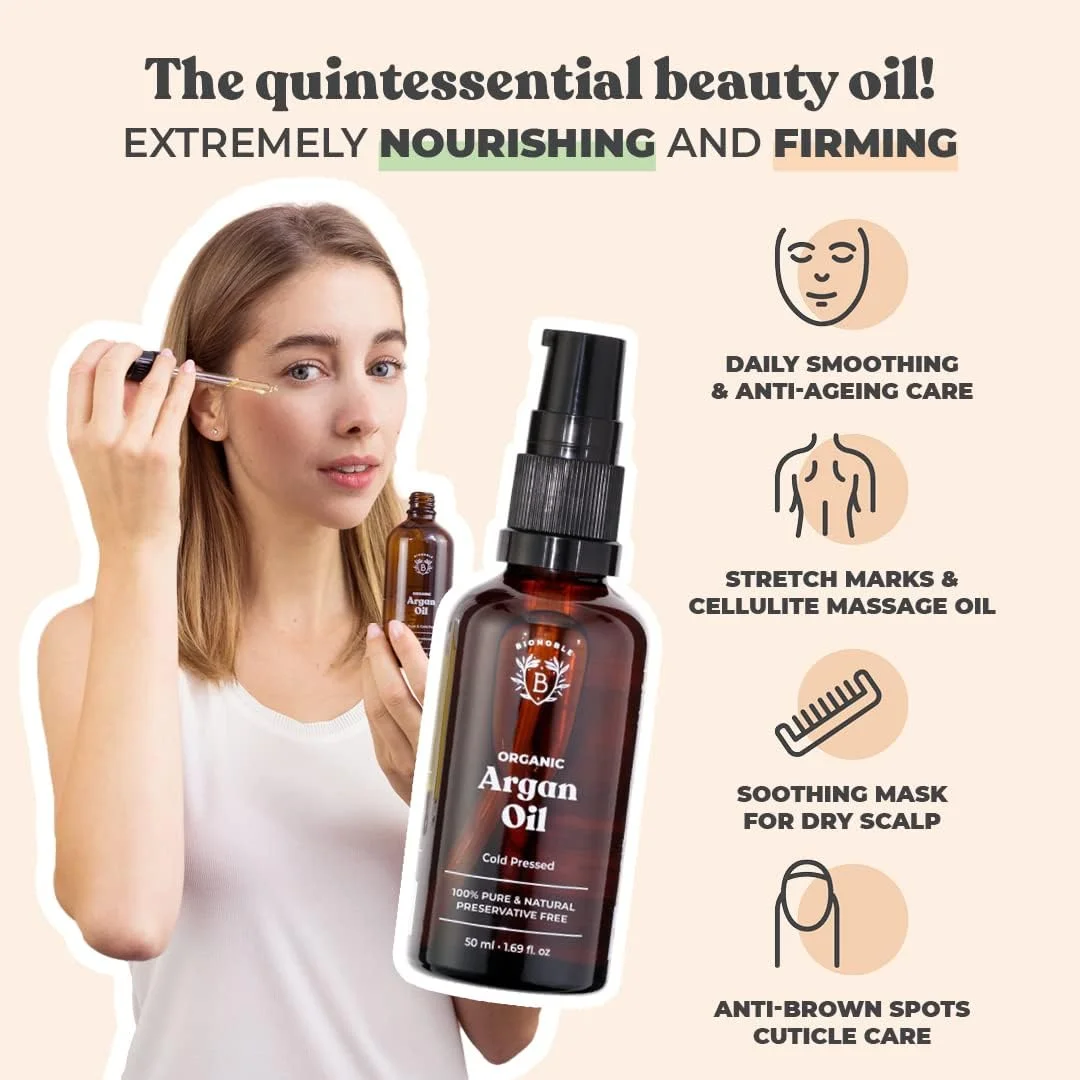 روغن آرگان ارگانیک بایونوبل 50 میلی لیتر - 100% خالص، طبیعی و پرس سرد - برای مو، صورت، بدن، ریش، ناخن - وگان و بدون تست حیوانی - بطری شیشه ای + قطره چکان + پمپ