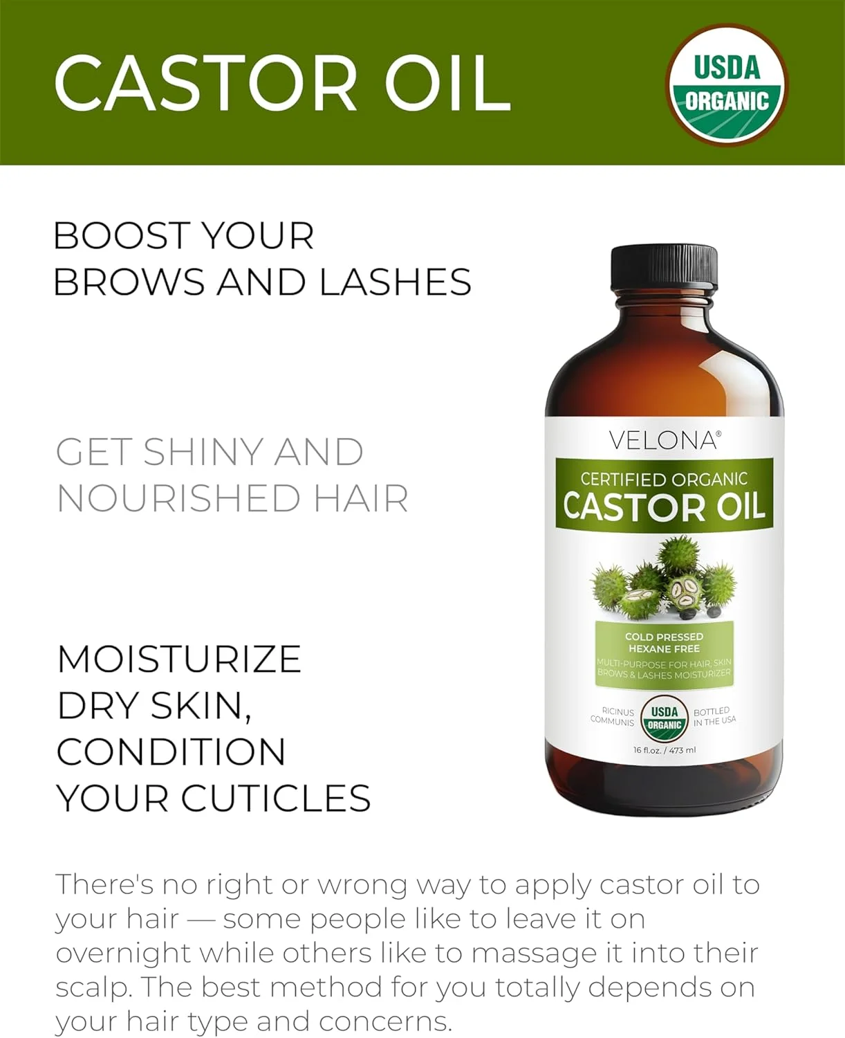 روغن کرچک ارگانیک تایید شده USDA ولونا - ۴۷۳ میلی لیتر در بطری شیشه ای | پرس سرد، بدون هگزان، گرید USP | تقویت رشد مو، افزایش زیبایی مژه و ابرو | بسته بندی شده در ایالات متحده آمریکا
