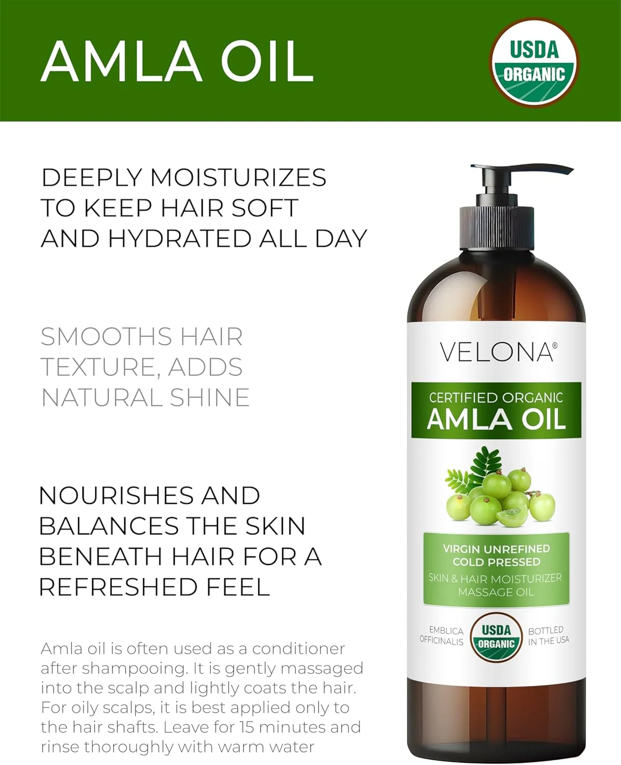 روغن آملا ولونا، دارای گواهی USDA ارگانیک - ۹۴۶ میلی لیتر | ۱۰۰٪ خالص و طبیعی | بکر، تصفیه نشده، پرس سرد | مراقبت از مو، بدن، صورت و پوست