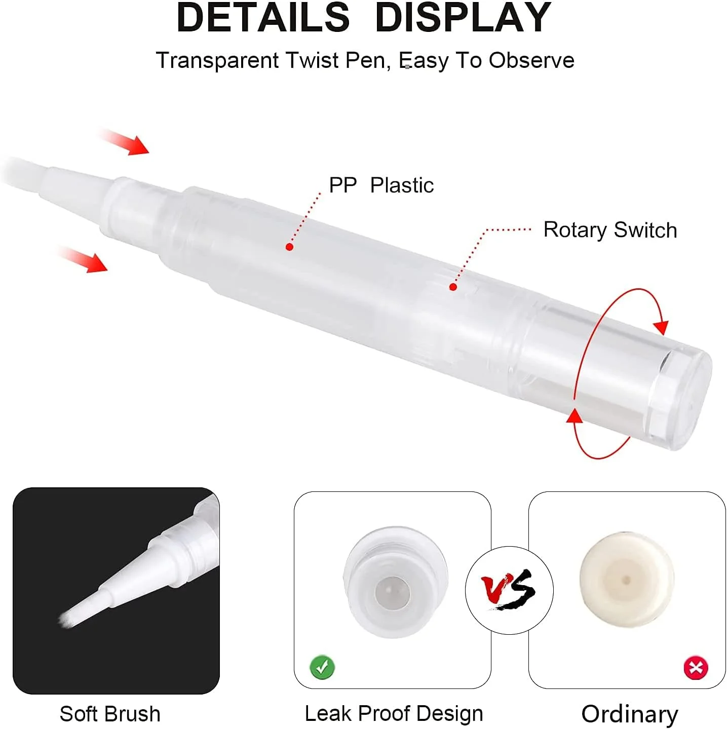 قلم پیچشی روغن ناخن خالی شفاف 5 میلی لیتری، اپلیکاتورهای براش براق کننده لب، اپلیکاتور روغن کوتیکول رشد مژه، لوله مایع سفید کننده دندان. (1 عدد)، شفاف، لوازم جانبی مسافرتی