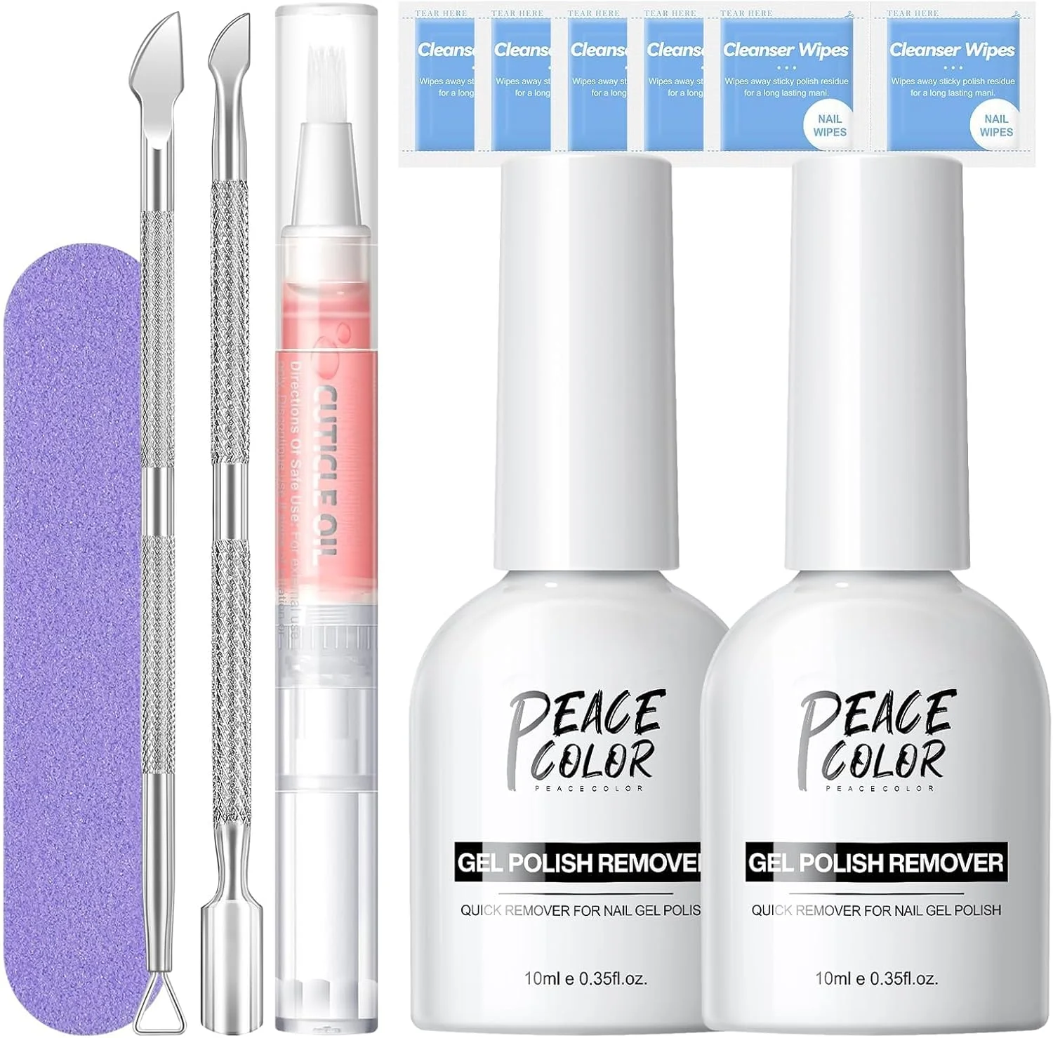 مجموعه 2 عددی پاک کننده لاک ناخن PEACECOLOR، پاک کننده لاک ژل 10 میلی لیتری به همراه سوهان ناخن، عقب زننده کوتیکول و روغن کوتیکول برای لاک ناخن