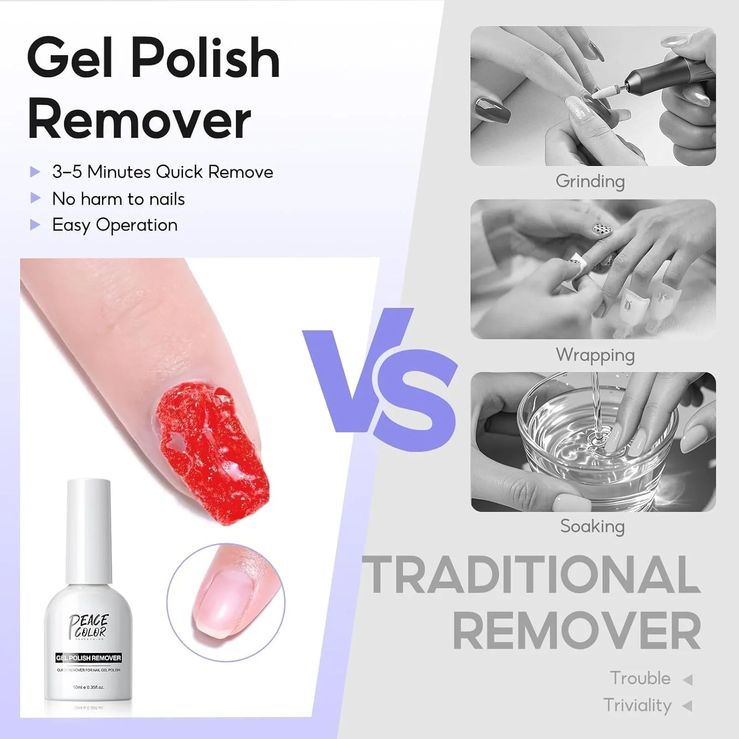 مجموعه 2 عددی پاک کننده لاک ناخن PEACECOLOR، پاک کننده لاک ژل 10 میلی لیتری به همراه سوهان ناخن، عقب زننده کوتیکول و روغن کوتیکول برای لاک ناخن