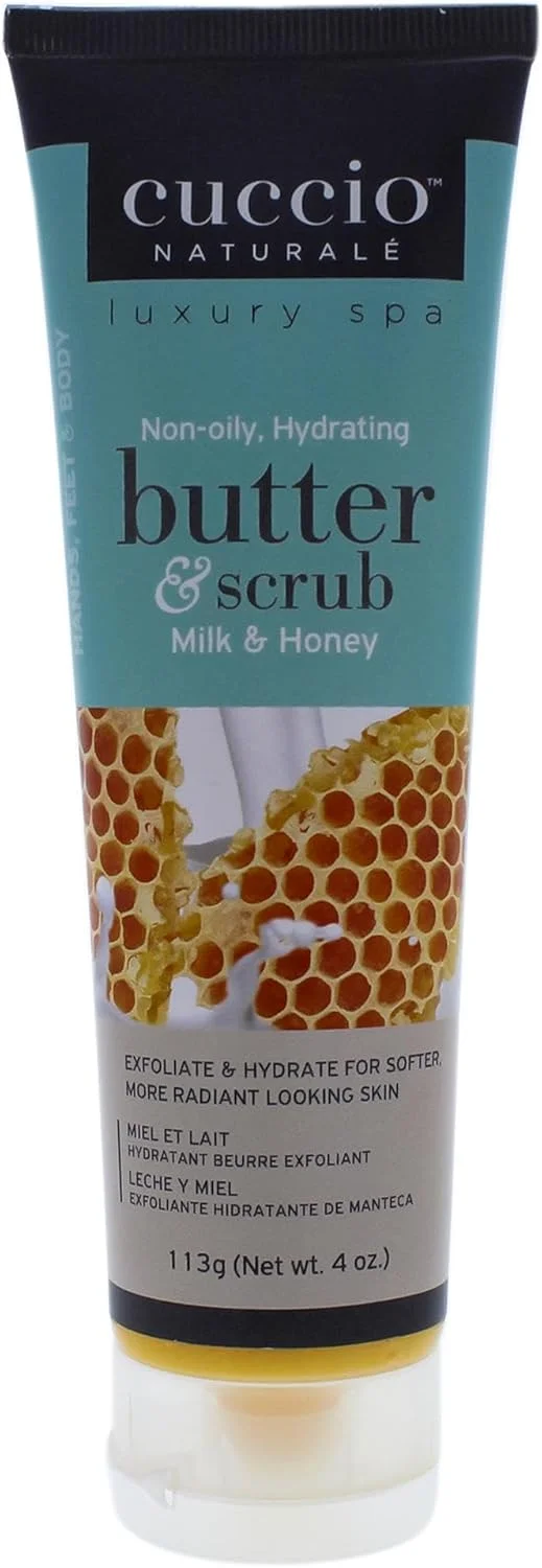اسکراب کره ای بدن Cuccio Naturale - مرطوب کننده لایه بردار بدن - غیر روغنی، آبرسانی تسکین دهنده پوست - فاقد پارابن و تست حیوانی با مواد طبیعی، شیر و عسل، 113 گرم