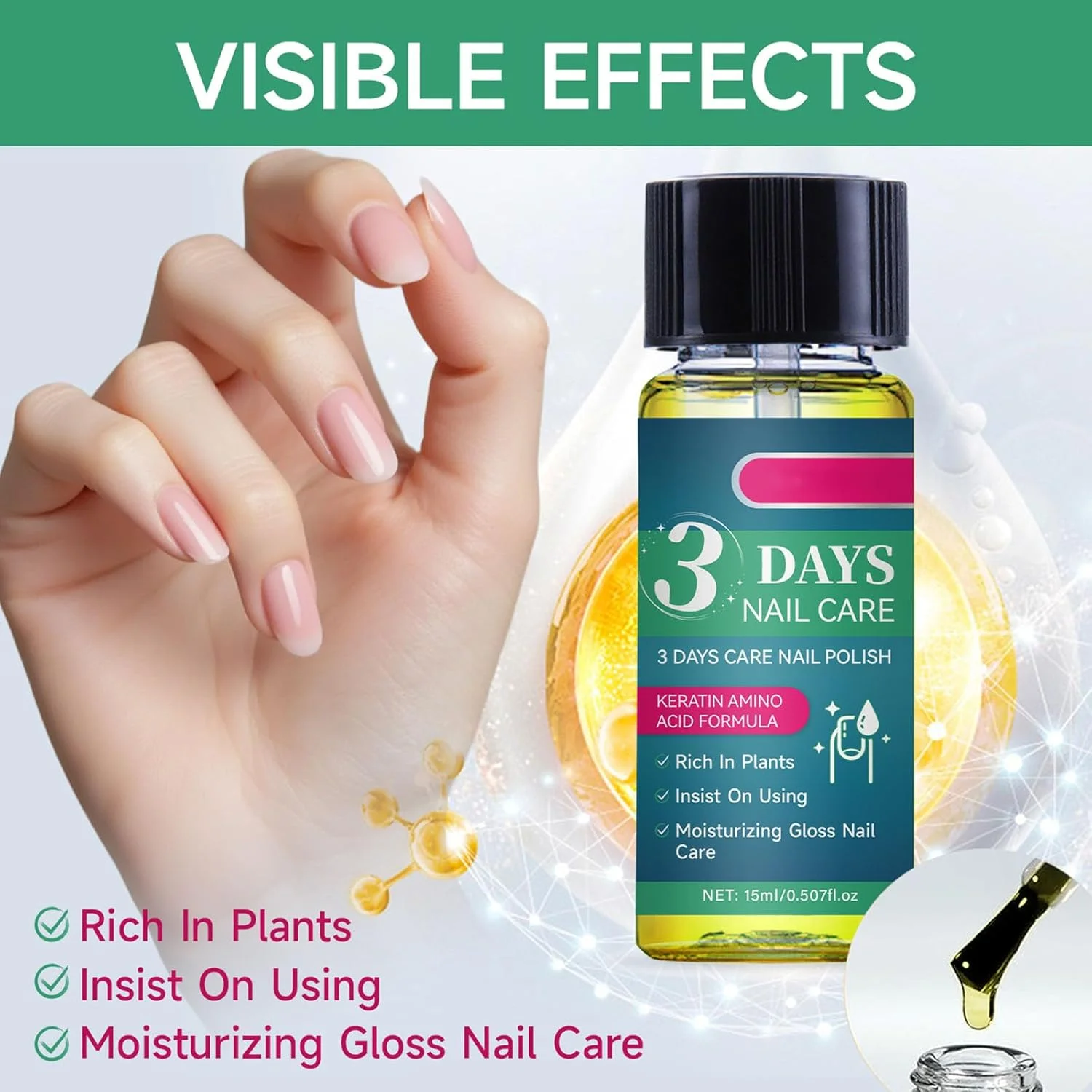روغن مراقبت از ناخن 3 روزه با فرمول اسید آمینه کراتین، تقویت کننده رشد ناخن برای ناخن های آسیب دیده، تقویت و آبرسانی ناخن ها با درخشش ماندگار، ترمیم ناخن های خشک، ضعیف و شکننده (1 عدد)