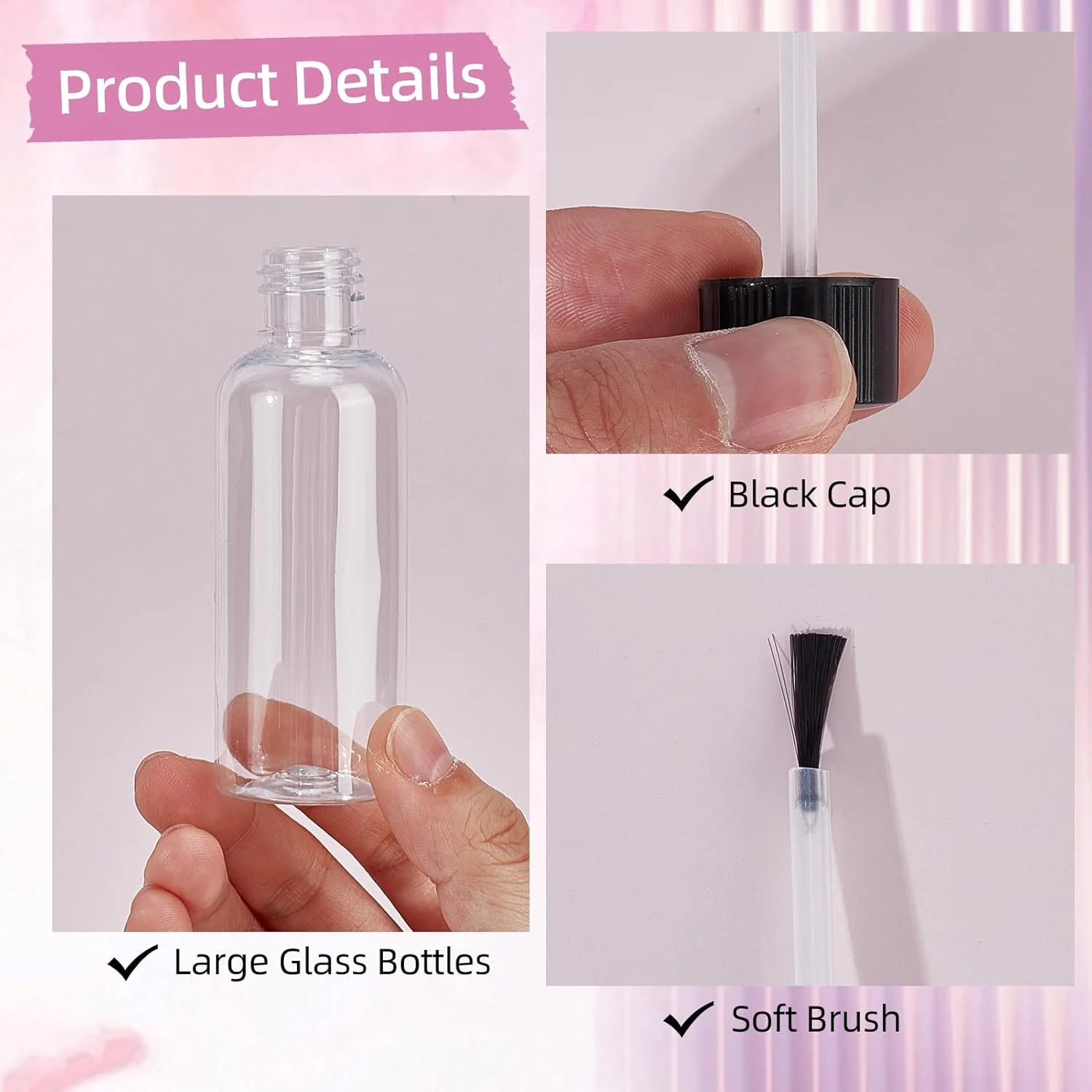 مجموعه 6 عددی بطری لاک ناخن 51 میلی لیتری با برس و توپ، بطری های پلاستیکی شفاف خالی و قابل پر کردن روغن کوتیکول، ظروف مسافرتی برای طراحی ناخن