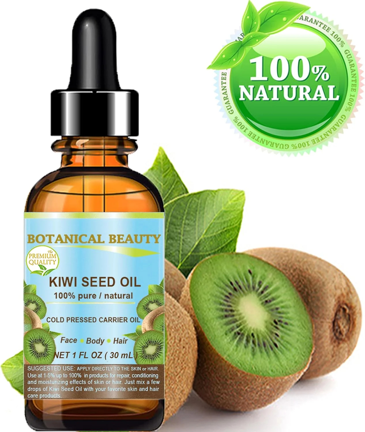 روغن دانه کیوی Botanical Beauty. ۱۰۰٪ خالص، طبیعی، رقیق نشده، بکر، روغن حامل پرس سرد. 30 میلی لیتر برای صورت، پوست، بدن، مو، مراقبت از ناخن