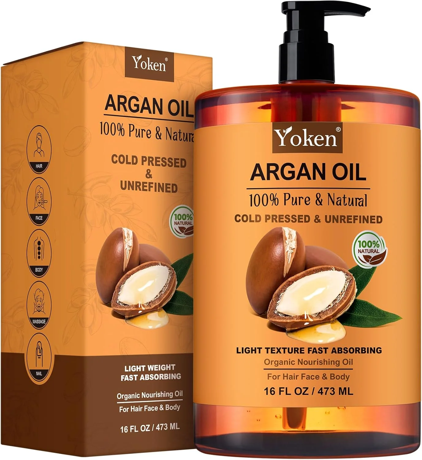 روغن آرگان یوکن برای مو، روغن آرگان خالص و طبیعی مراکش، روغن آرگان برای مو، پوست سر، صورت و مراقبت از پوست، نرم کننده مو 100% پرس سرد، روغن آرگان تصفیه نشده (473 میلی لیتر)