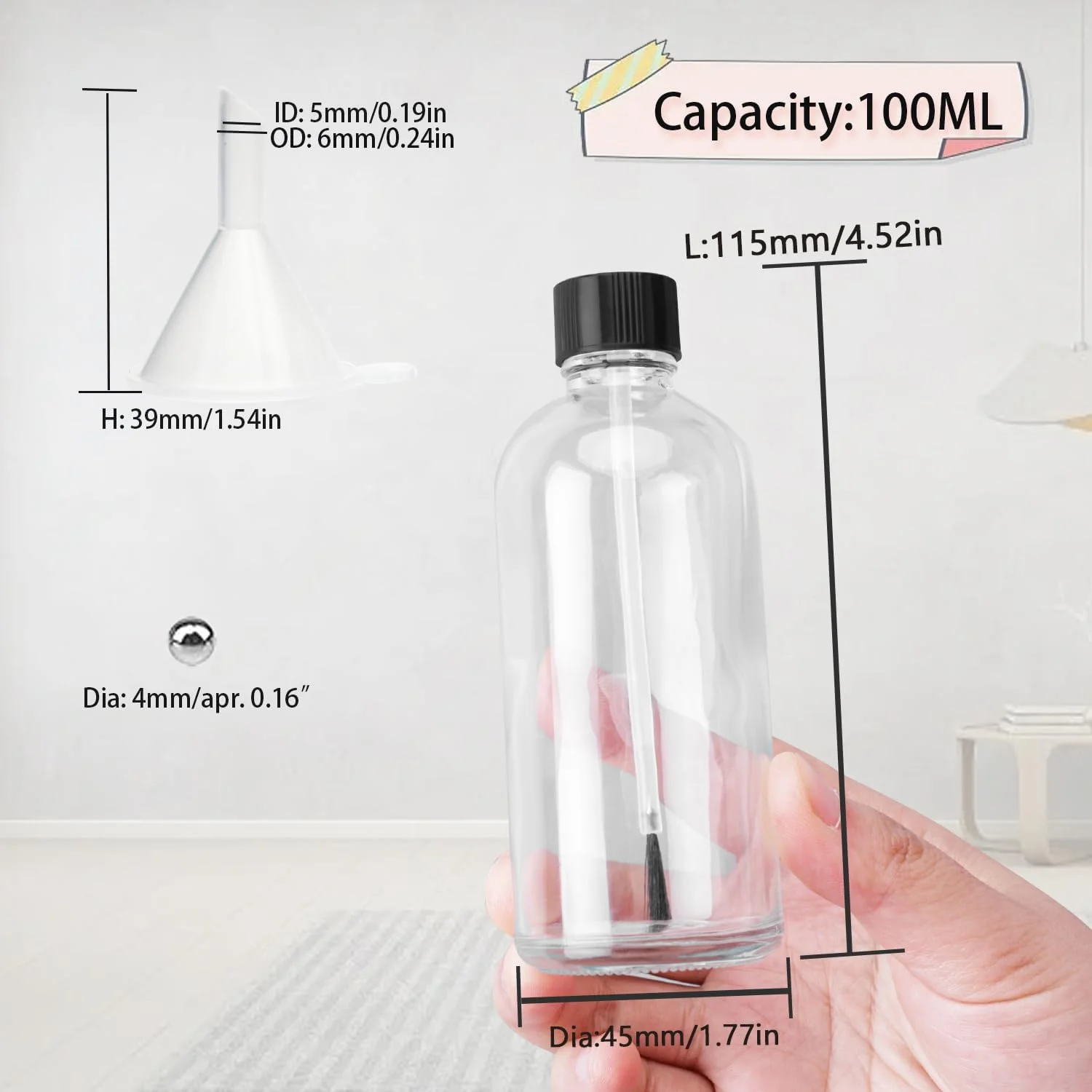 ست ۶ عددی بطری لاک ناخن شیشه ای بزرگ خالی با برس، بطری های روغن کوتیکول قابل شارژ مجدد با قیف و توپ های مخلوط کننده برای روغن های کوتیکول و طراحی ناخن DIY (۱۰۰ میلی لیتر)