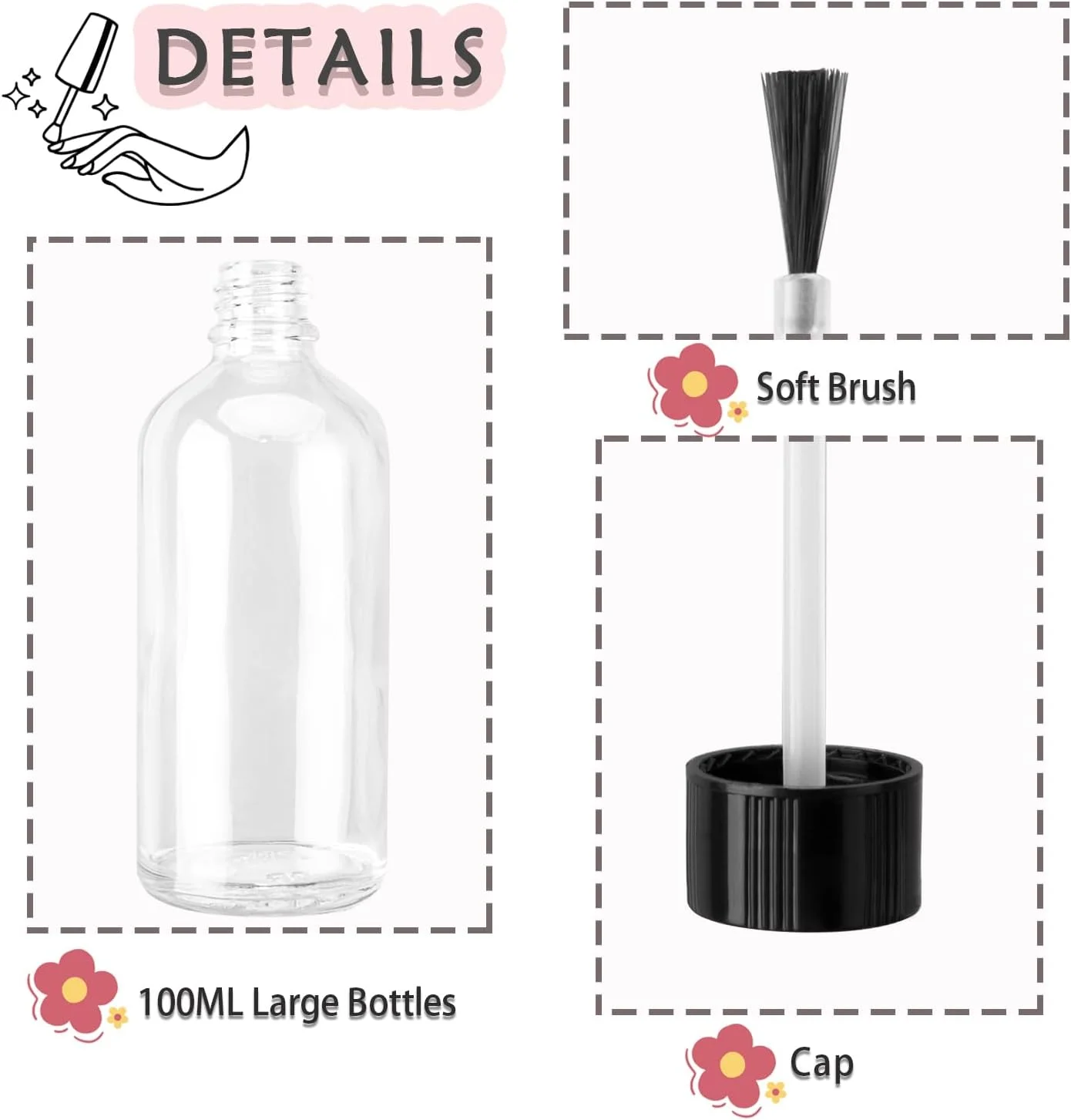 ست ۶ عددی بطری لاک ناخن شیشه ای بزرگ خالی با برس، بطری های روغن کوتیکول قابل شارژ مجدد با قیف و توپ های مخلوط کننده برای روغن های کوتیکول و طراحی ناخن DIY (۱۰۰ میلی لیتر)