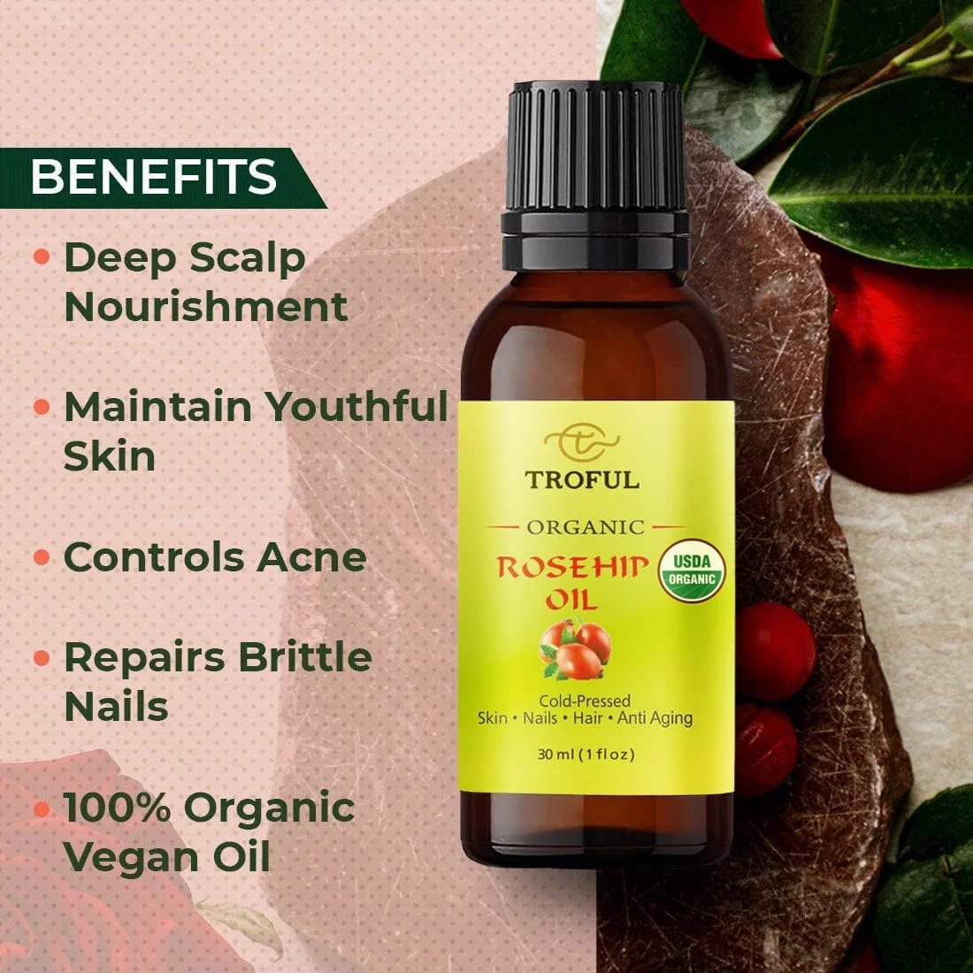 روغن گل رز ارگانیک 30 میلی لیتر، روغن دانه حامل پرس سرد طبیعی ارگانیک خالص برای پوست صورت، مو و ناخن