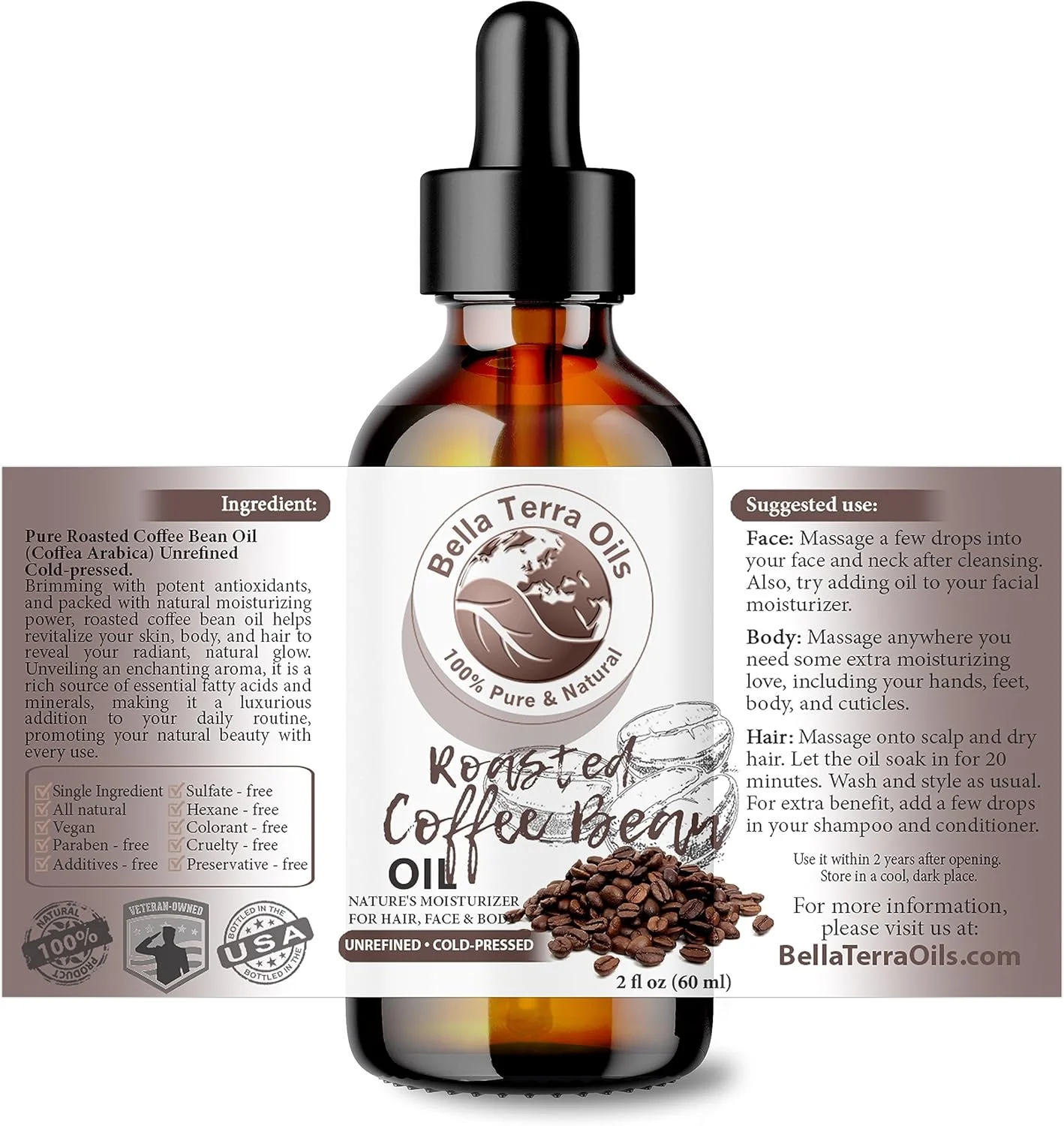 روغن دانه قهوه برشته شده بلا ترا اویلز. 60 میلی لیتر. 100% خالص. پرس سرد. تصفیه نشده. غنی از آنتی اکسیدان. بدون مواد شیمیایی. عالی برای سیاهی دور چشم. مرطوب کننده طبیعی برای صورت، بدن، مو