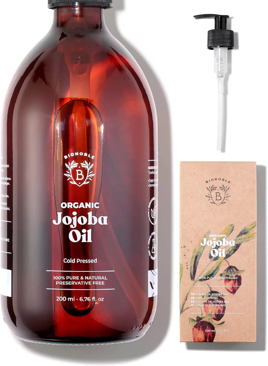 روغن جوجوبا ارگانیک بایونوبل 200 میلی لیتر - 100% خالص، طبیعی و پرس سرد - صورت، بدن، مو، ریش، ناخن - وگان و بدون تست حیوانی - بطری شیشه ای + پمپ