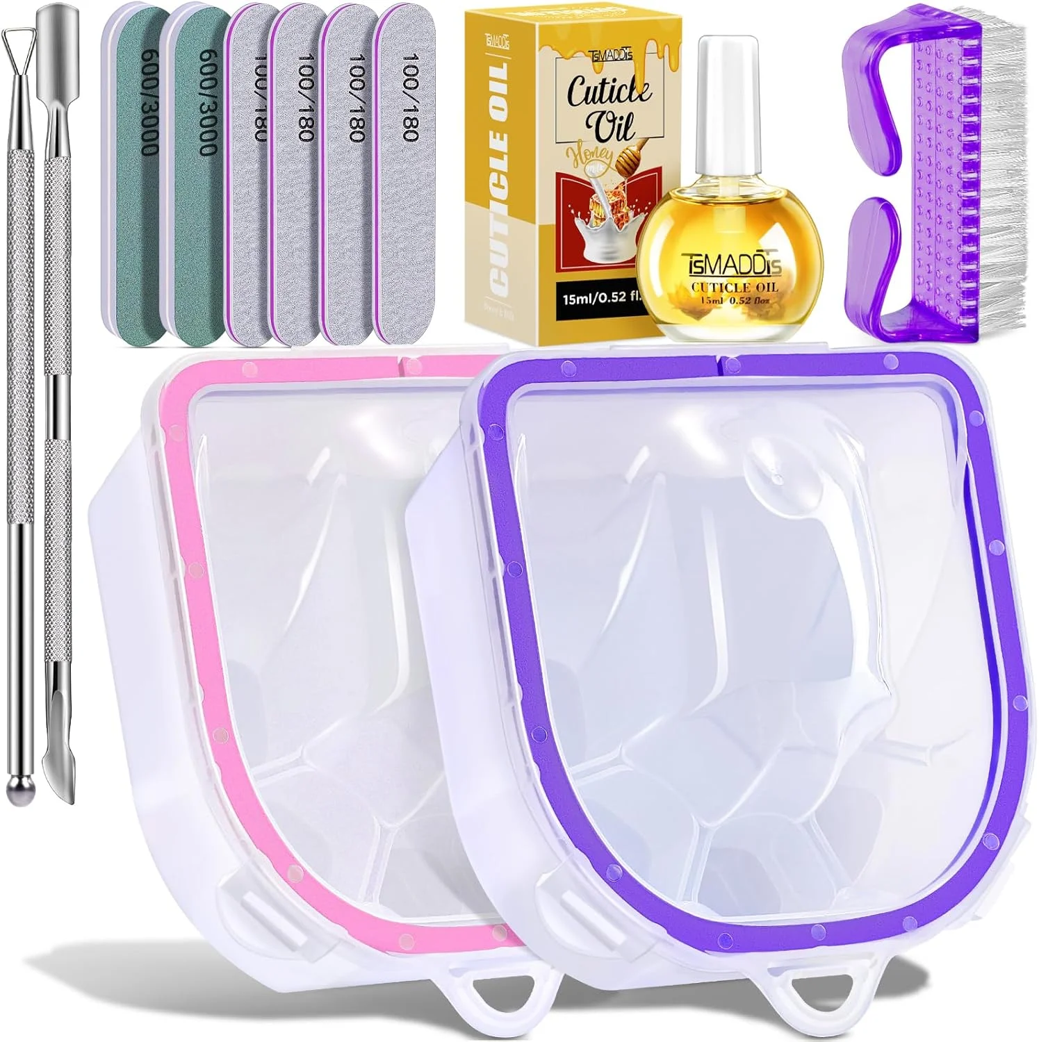 ست کاسه خیساندن ناخن TsMADDTs شامل 12 قطعه، کیت ریموور لاک ژل استون با 2 عدد کاسه خیساندن ناخن برای دست، ابزار ریموور کوتیکول، روغن کوتیکول، سوهان، بافر، برس، کیت ریموور دیپ