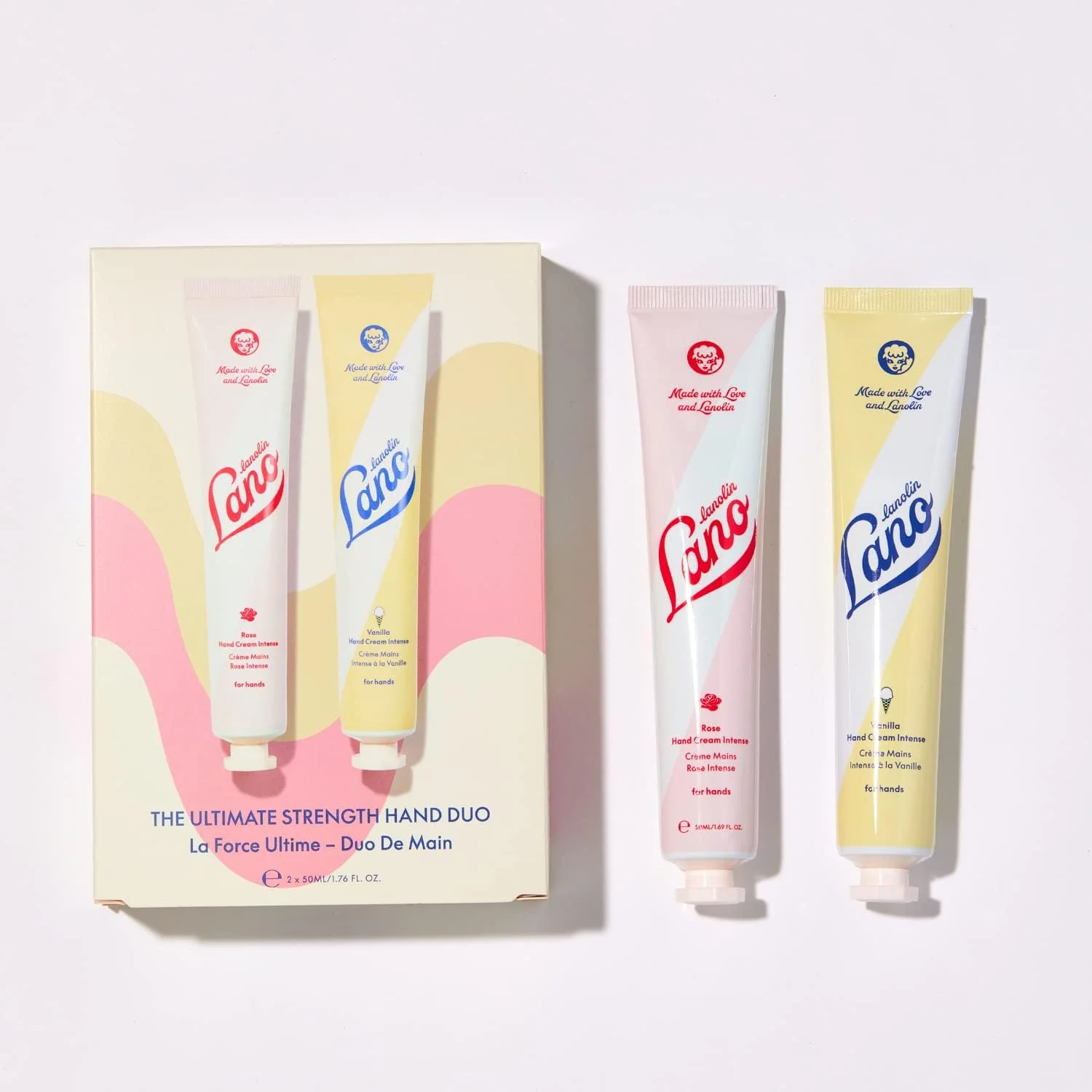 کرم دست دوتایی لانو لیپس - رز و وانیل - کرم دست آبرسان و مرطوب کننده برای پوست خشک، پوست ترک خورده، دست ها و کوتیکول ها (2 x 50ml)