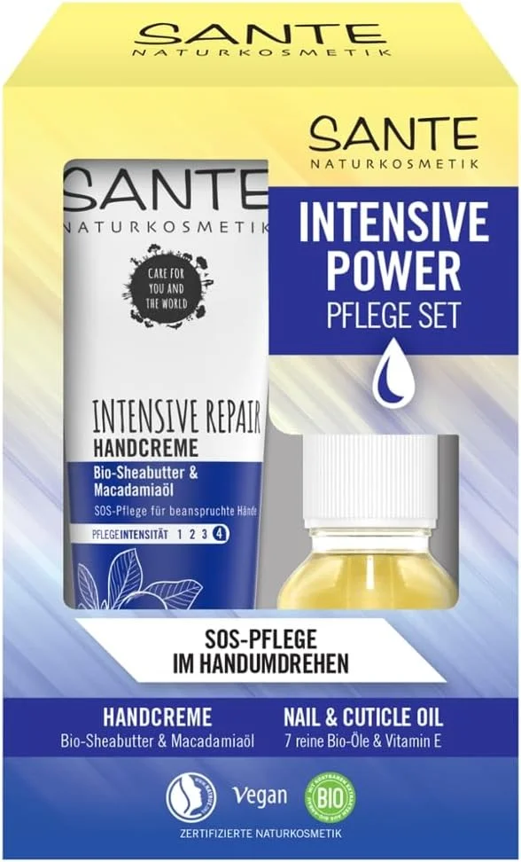 ست مراقبت از دست ترمیم کننده قوی سانته ناتورکازمتیک، کرم دست با شی باتر و روغن ماکادمیا + روغن ناخن و کوتیکول با 7 روغن ارگانیک، مراقبت ویژه برای دست های آسیب دیده، 1 ست (75 میلی لیتر و 15 میلی لیتر)