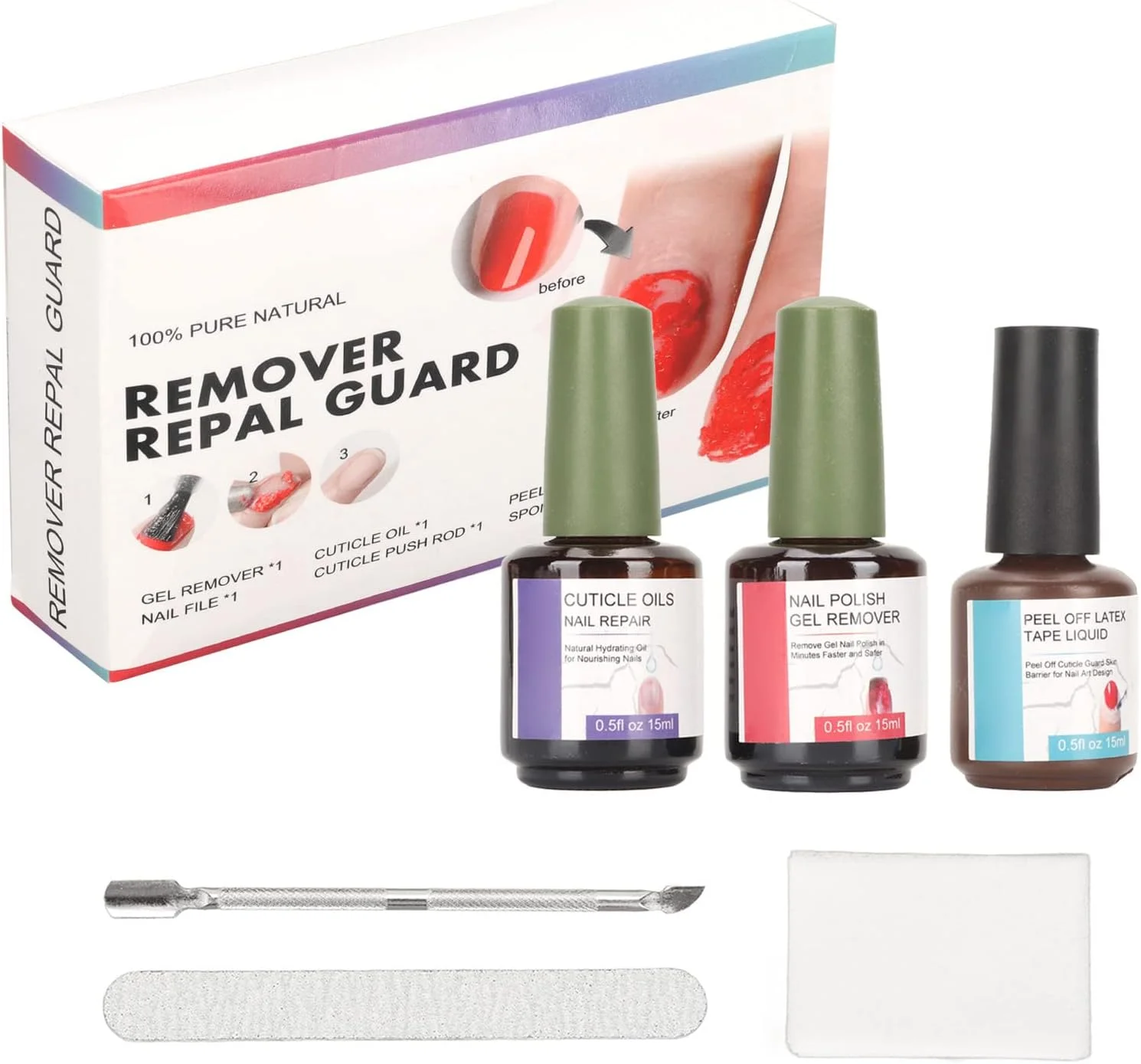 مجموعه پاک کننده لاک ژل ناخن، کیت حرفه ای شامل پاک کننده ژل، روغن کوتیکول، لاتکس لایه بردار، سوهان ناخن، عقب زننده کوتیکول و پدهای اسفنجی