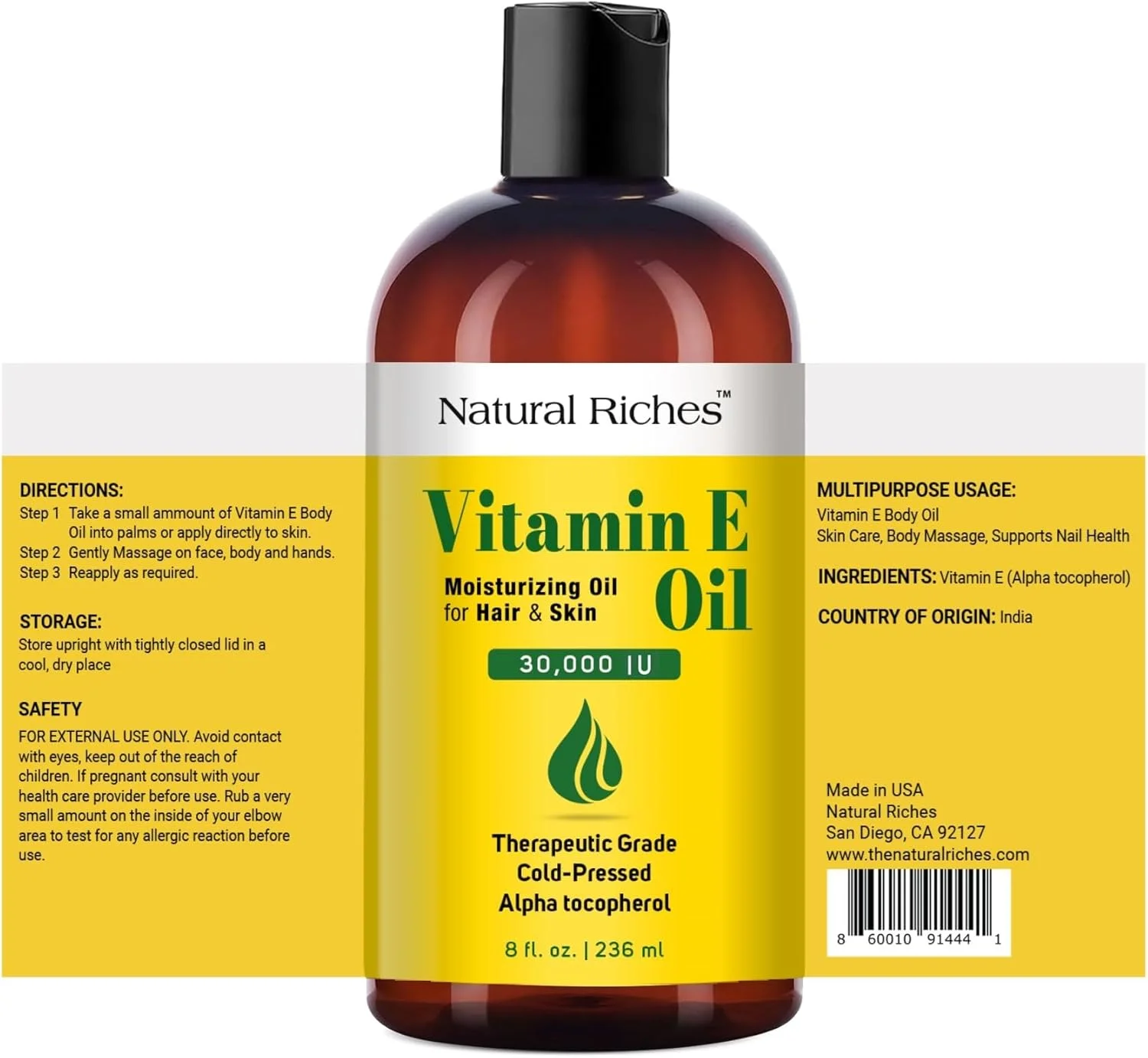 روغن ویتامین ای نچرال ریچز | روغن ویتامین ای 100% خالص و طبیعی با پرس سرد برای پوست، جای زخم، صورت، ناخن، مو، پوست سر 30000 IU تایید شده غیر GMO روغن مو و بدن : 8 Fl Oz