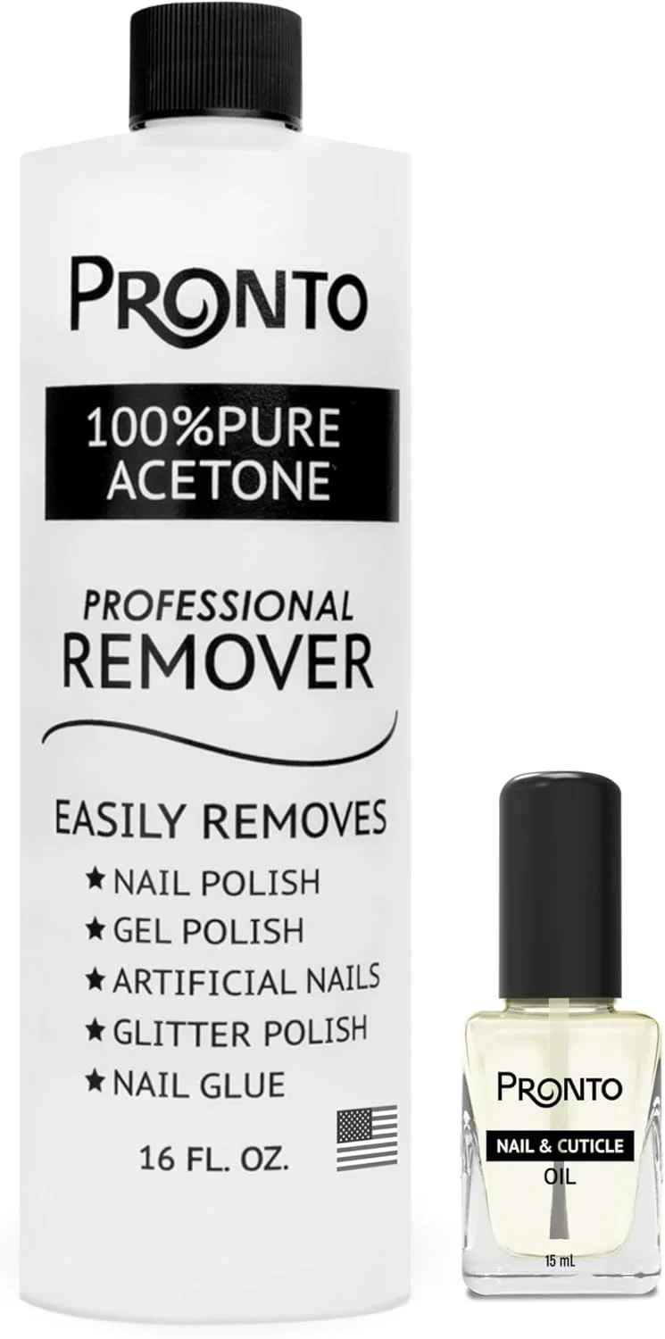 محلول پاک کننده لاک ناخن استون 473 میلی لیتری پرونتو و روغن کوتیکول ناخن، استون 100 درصد خالص برای ناخن های طبیعی، ژلی و اکریلیک، قطره روغن کوتیکول برای ترمیم کوتیکول های آسیب دیده و آبرسانی ناخن