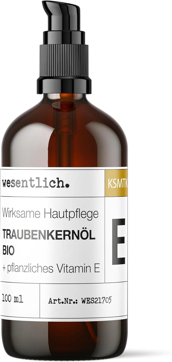 وسنلیش. روغن هسته انگور ارگانیک غنی شده با ویتامین ای، 100 میلی لیتر، طبیعی و پرس سرد، لوازم آرایشی برای صورت، پوست و ضد پیری، بطری شیشه ای با پمپ پخش کننده