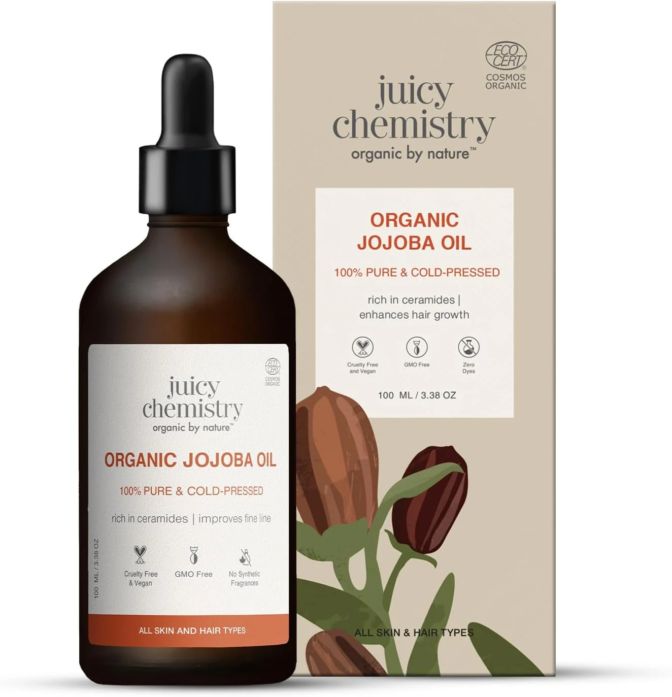 روغن جوجوبا ارگانیک Juicy Chemistry، ۱۰۰ میلی لیتر | ۱۰۰٪ خالص، پرس سرد و بکر | روغن حامل برای پوست، مو و کوتیکول ها | غنی از سرامید برای محافظت از سد پوستی