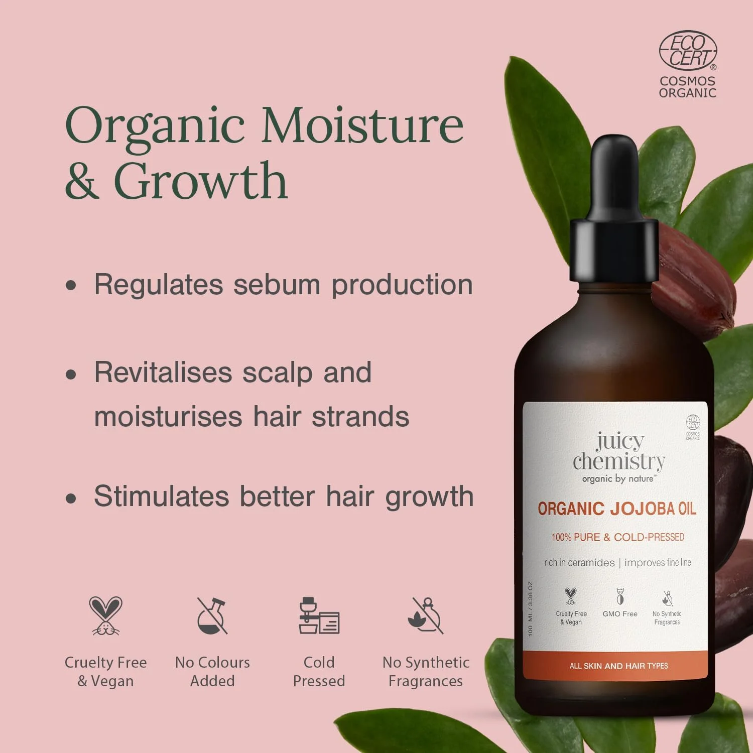 روغن جوجوبا ارگانیک Juicy Chemistry، ۱۰۰ میلی لیتر | ۱۰۰٪ خالص، پرس سرد و بکر | روغن حامل برای پوست، مو و کوتیکول ها | غنی از سرامید برای محافظت از سد پوستی