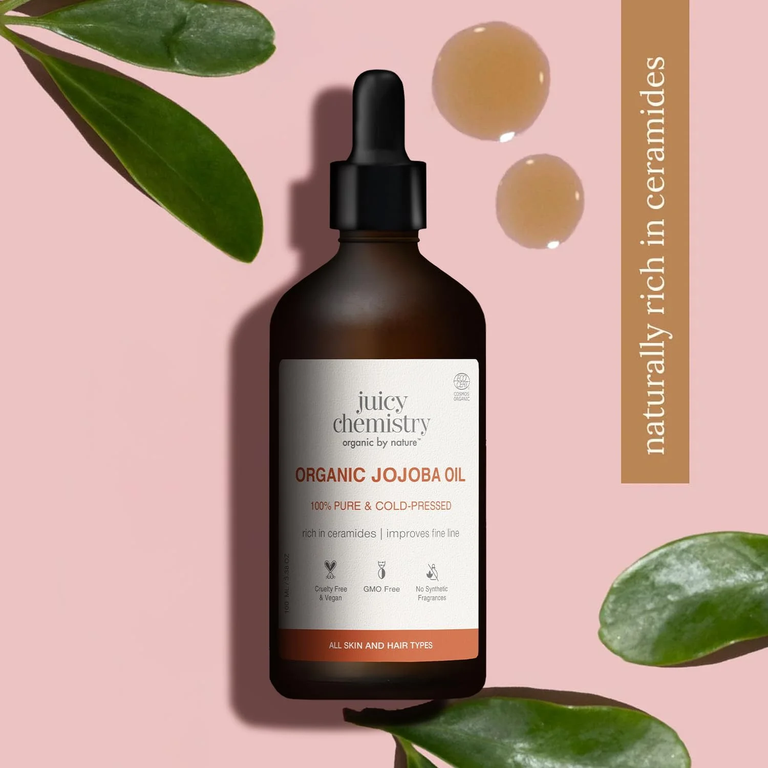 روغن جوجوبا ارگانیک Juicy Chemistry، ۱۰۰ میلی لیتر | ۱۰۰٪ خالص، پرس سرد و بکر | روغن حامل برای پوست، مو و کوتیکول ها | غنی از سرامید برای محافظت از سد پوستی