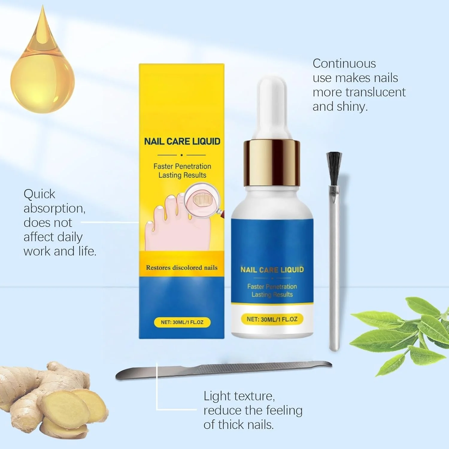 سرم رشد ناخن زنجبیلی - مایع مراقبت از ناخن با عصاره زنجبیل برای تقویت و تغذیه عمیق ناخن های ضخیم پا، ناخن های شکننده یا آسیب دیده | آبرسانی کوتیکول، افزایش درخشندگی (9 عدد)