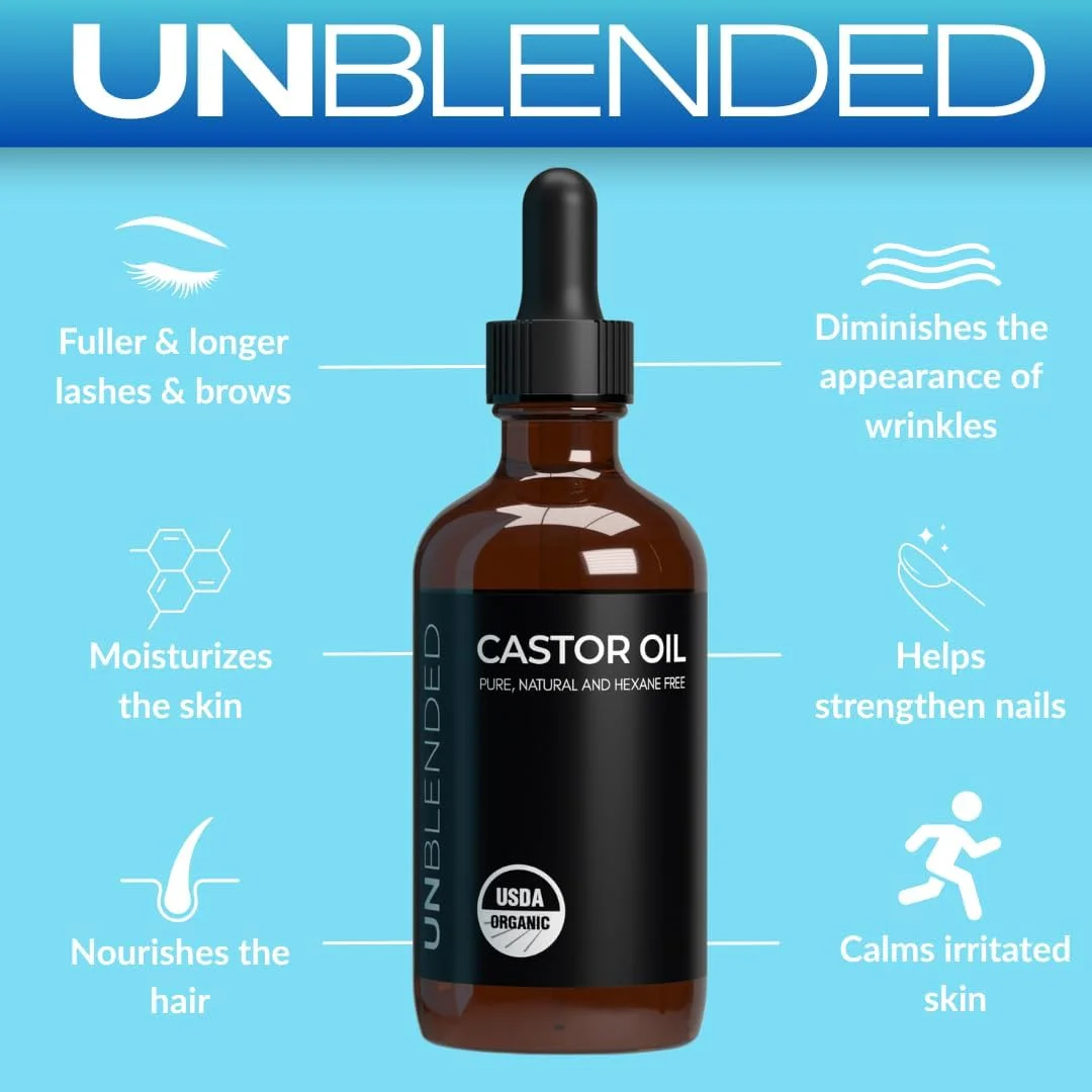 روغن کرچک خالص از UNBLENDED - دارای گواهی USDA، 100% خالص و پرس سرد - برای رشد مو، مژه ها، ابروها و پوست - شامل برس های مژه و ابرو - 60 میلی لیتر روغن کرچک خالص از UNBLENDED - دارای گواهی USDA، 100% خالص و پرس سرد - برای رشد مو، مژه ها، ابروها و پوست - شامل برس های مژه و ابرو - 60 میلی لیتر