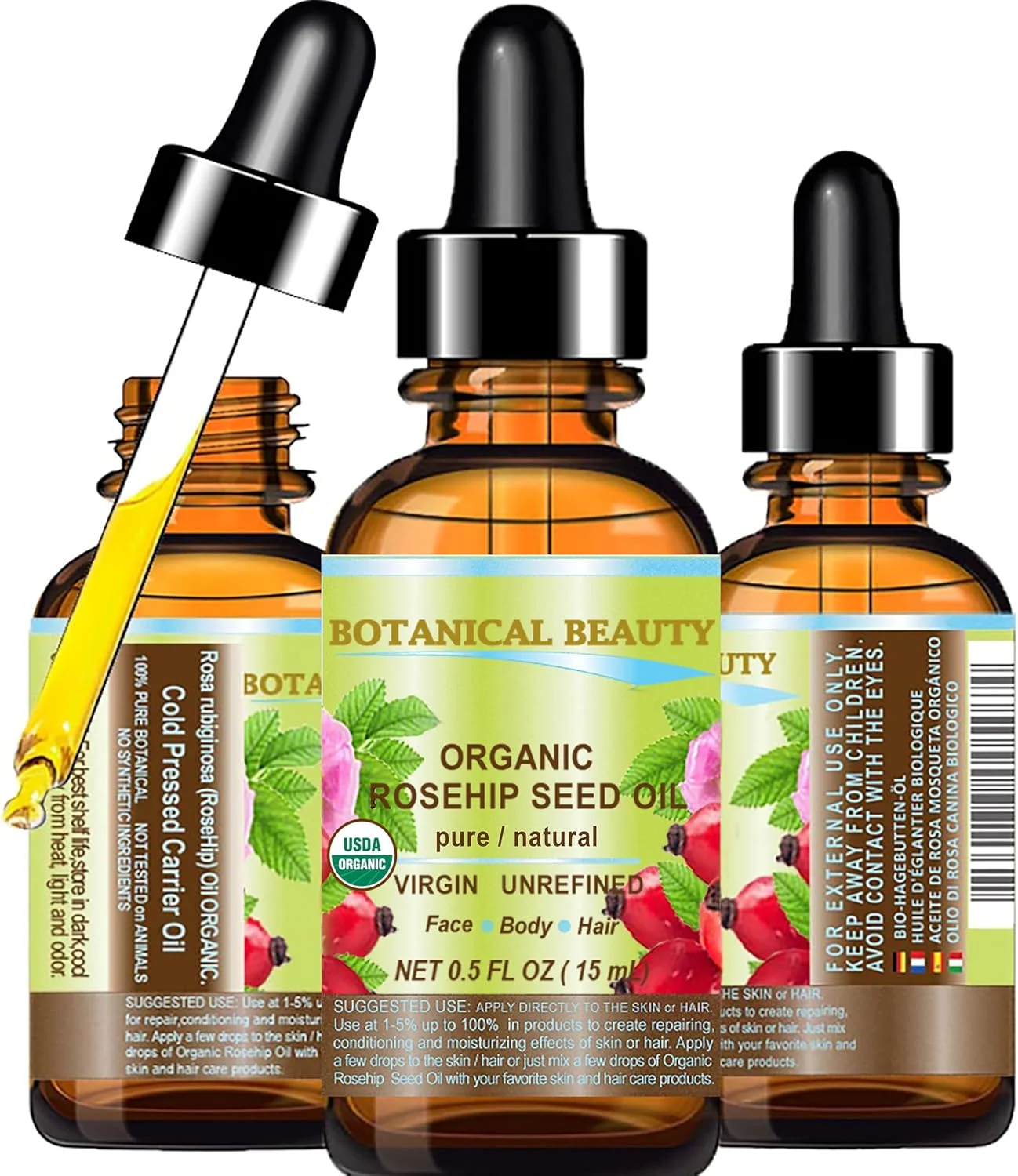 روغن گل رز ارگانیک بوتانیکال بیوتی ۱۰۰٪ خالص. برای صورت، مو و بدن. ۱۵ میلی لیتر