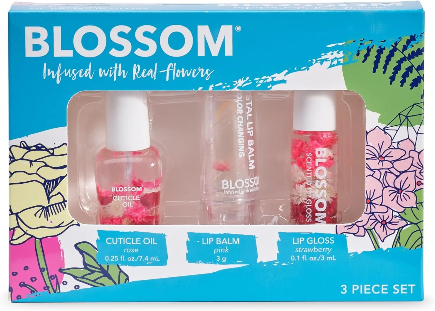 مجموعه هدیه 3 تکه شکوفه - روغن کوتیکول معطر، بالم لب تغییر رنگ دهنده، مینی رول-آن براق کننده لب