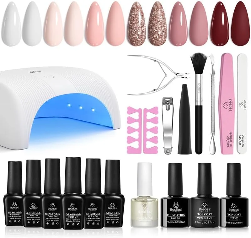 ست لاک ژل ناخن Beetles با دستگاه یو وی، شامل 6 رنگ صورتی ملایم، کرم، سفید، ژل پایه، تاپ کت، روغن کوتیکول و لوازم جانبی ناخن، مناسب هدیه برای دختران و بانوان