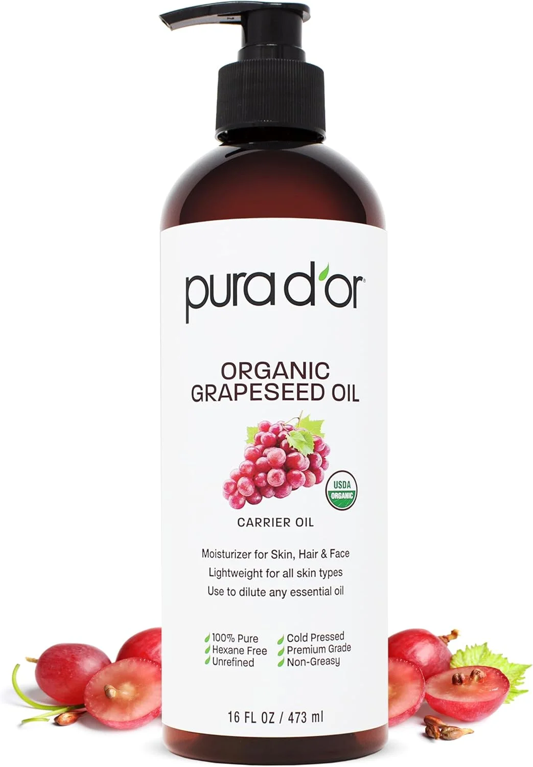 روغن هسته انگور ارگانیک ۱۶ اونسی PURA D'OR - روغن حامل پرس سرد تایید شده توسط USDA، ۱۰۰٪ خالص و طبیعی - مرطوب کننده مایع سبک و ابریشمی، بدون بو، بدون هگزان - صورت، پوست و مو - مردان و زنان