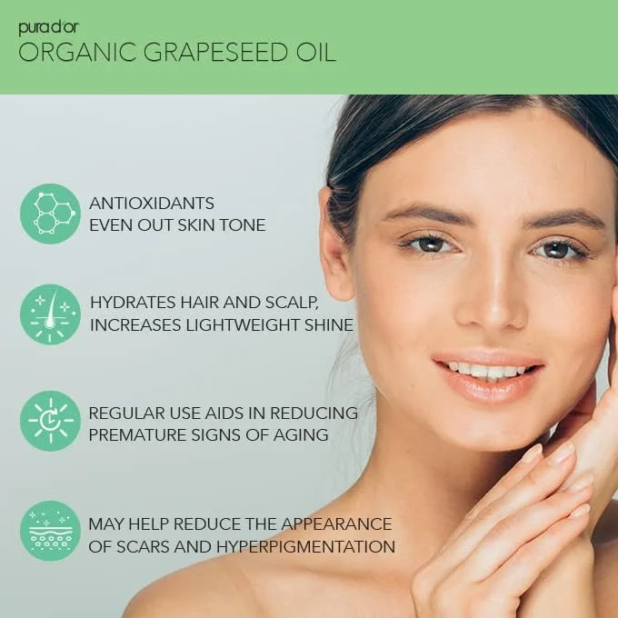 روغن هسته انگور ارگانیک ۱۶ اونسی PURA D'OR - روغن حامل پرس سرد تایید شده توسط USDA، ۱۰۰٪ خالص و طبیعی - مرطوب کننده مایع سبک و ابریشمی، بدون بو، بدون هگزان - صورت، پوست و مو - مردان و زنان