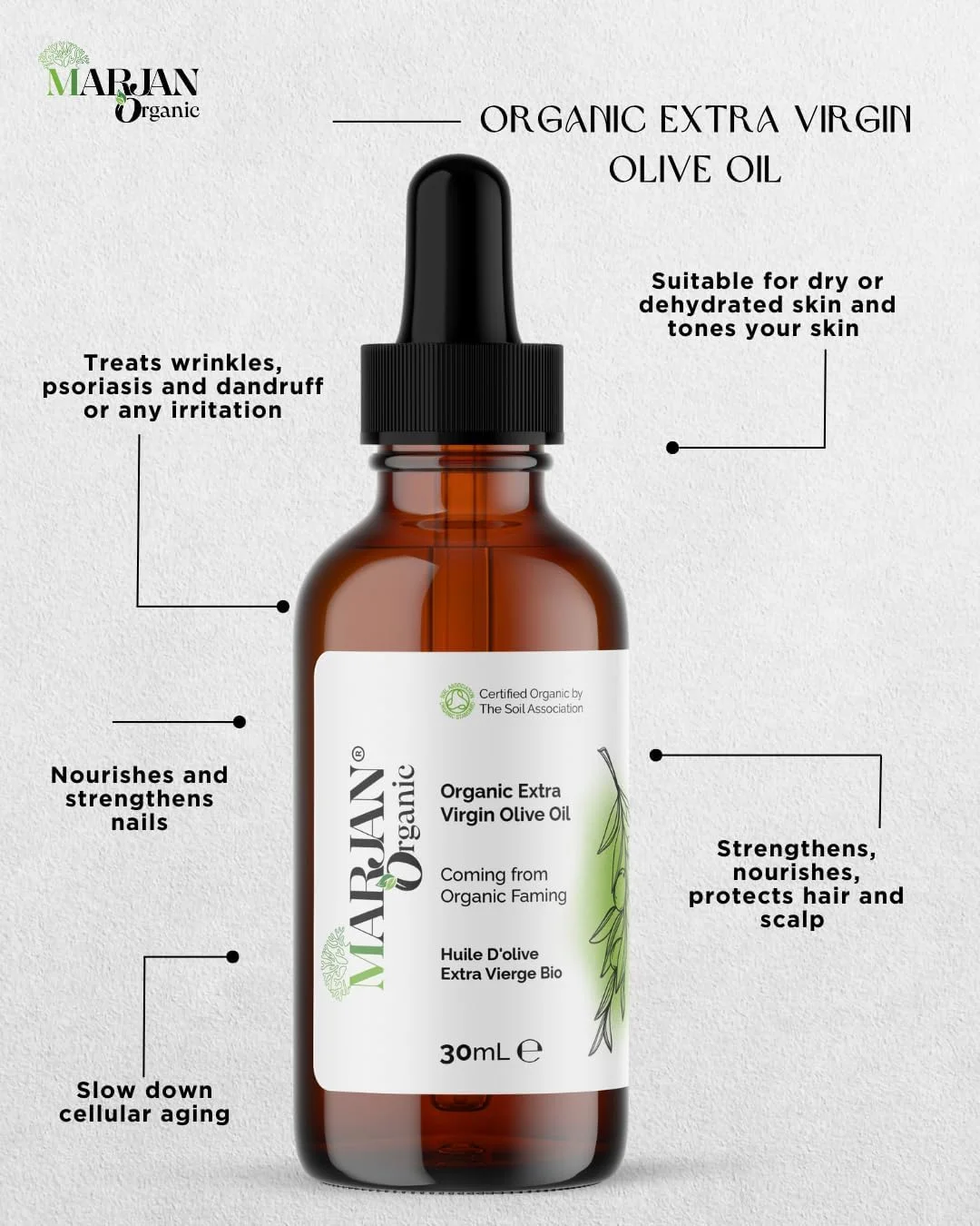 روغن زیتون 30 میلی لیتر - 100% ارگانیک، پرس سرد - 100% خالص - روغن سفت کننده بدن، روغن ماساژ مرطوب کننده طبیعی برای پوست خشک، کاهش لک ها، آبرسان و یکدست کننده رنگ پوست، برای صورت، رشد مو و ناخن.