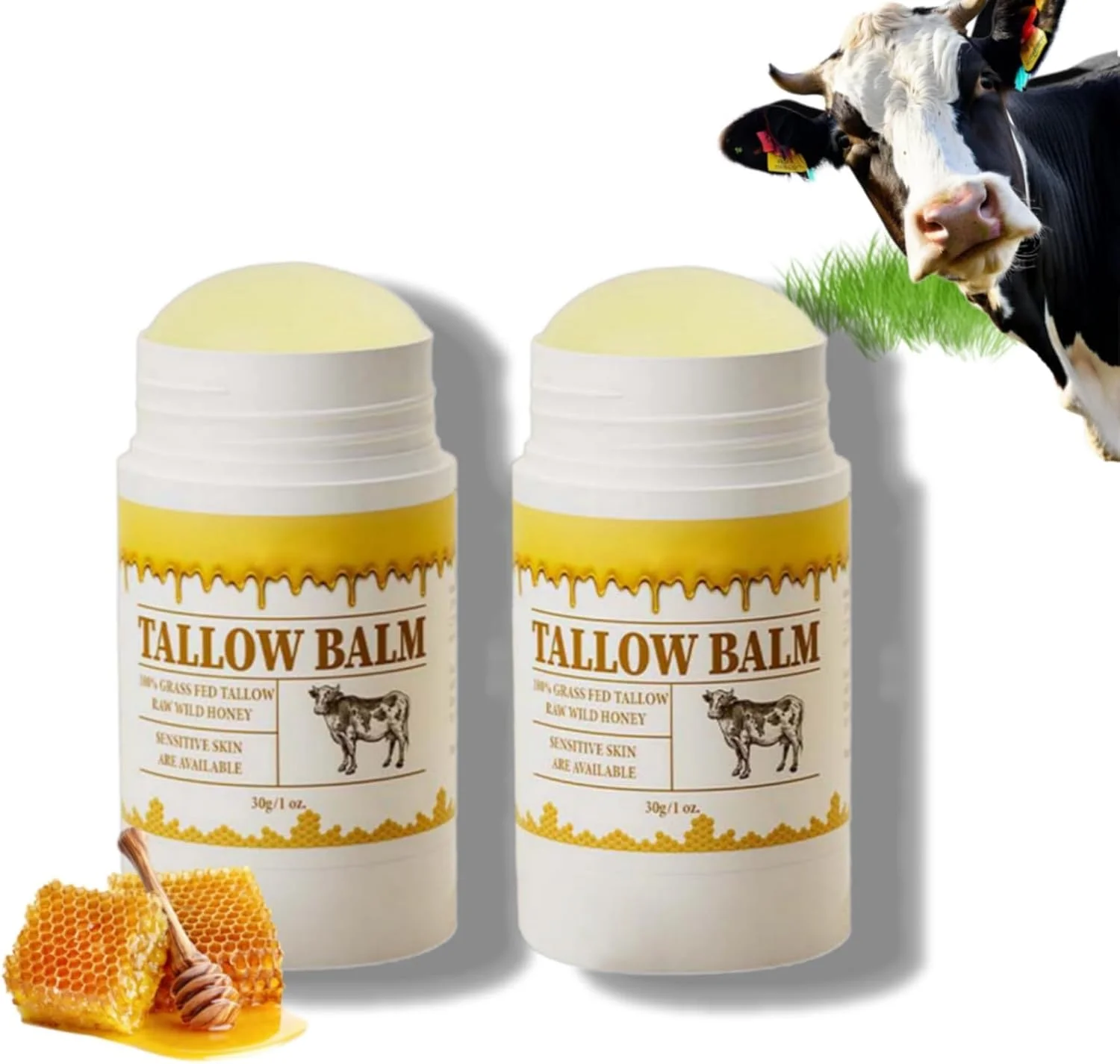 استیک مرطوب کننده روغن حیوانی، بالم روغن حیوانی و عسل مانوکا، بالم استیک روغن حیوانی تغذیه شده با علف، مرطوب کننده و آبرسان پوست خشک، مرطوب کننده صورت روغن حیوانی ارگانیک برای پوست (2 عدد، 1 اونس)