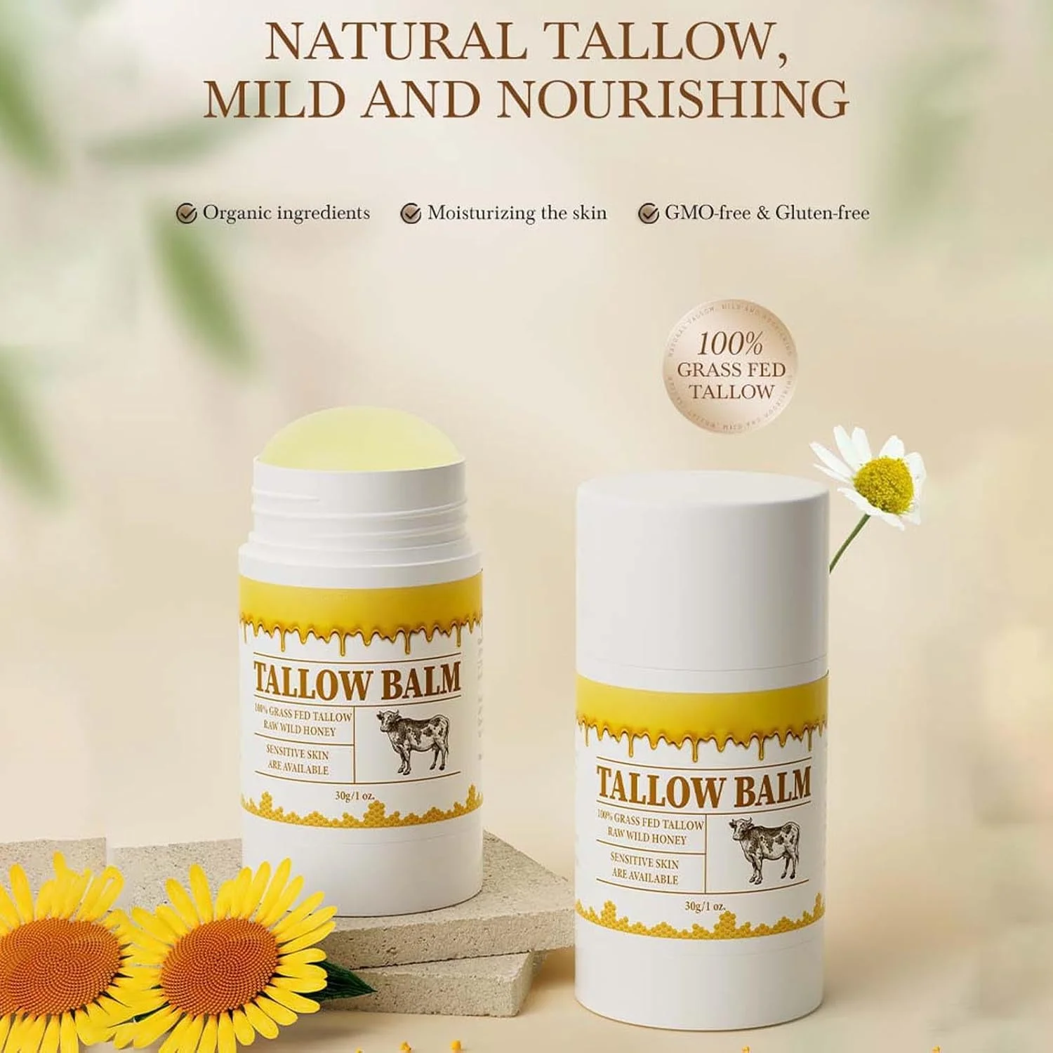 استیک مرطوب کننده روغن حیوانی، بالم روغن حیوانی و عسل مانوکا، بالم استیک روغن حیوانی تغذیه شده با علف، مرطوب کننده و آبرسان پوست خشک، مرطوب کننده صورت روغن حیوانی ارگانیک برای پوست (2 عدد، 1 اونس)