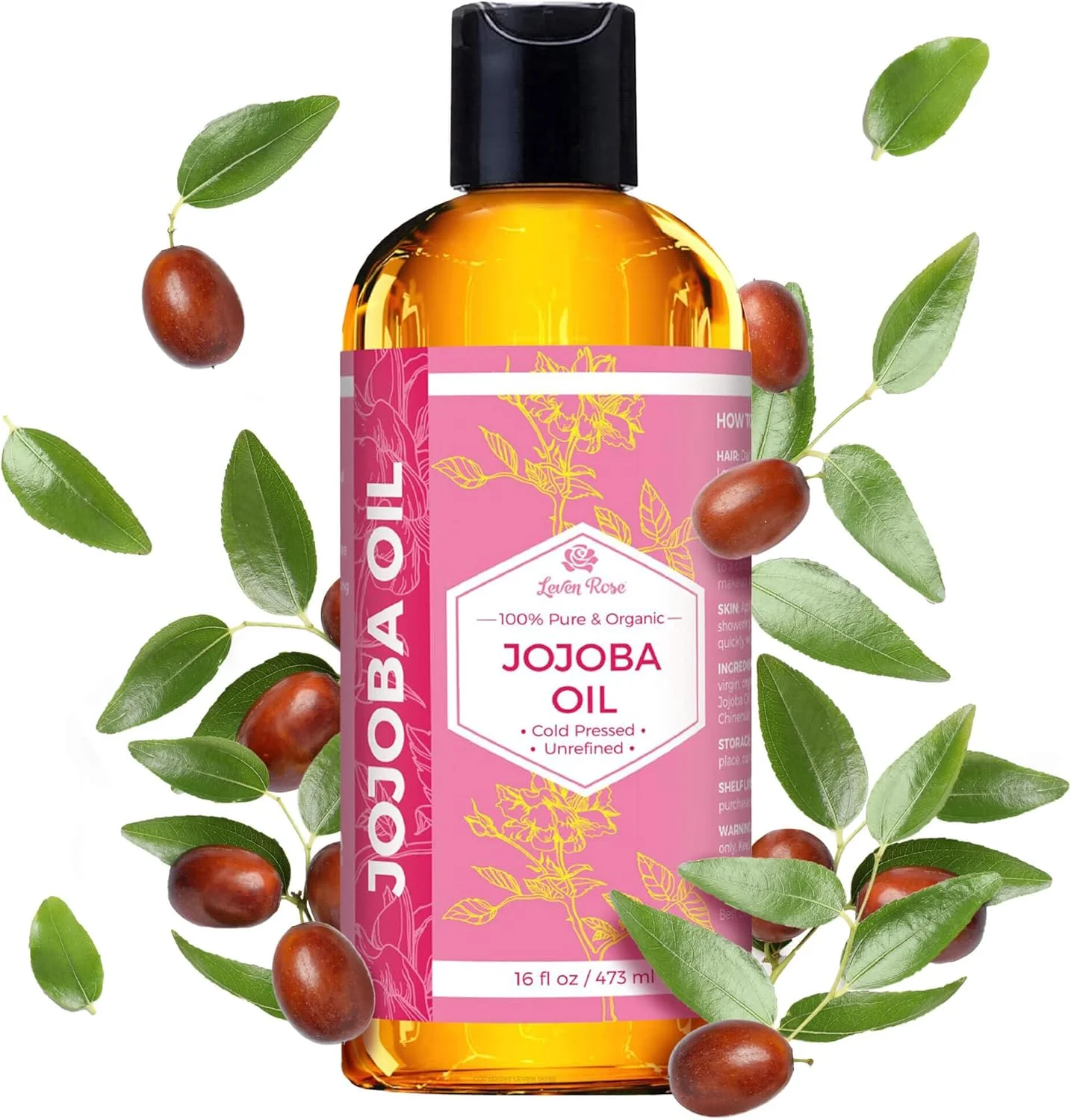 روغن جوجوبا Leven Rose، مرطوب کننده خالص، طبیعی، پرس سرد و تصفیه نشده برای پوست، مو و ناخن 470 میلی لیتر