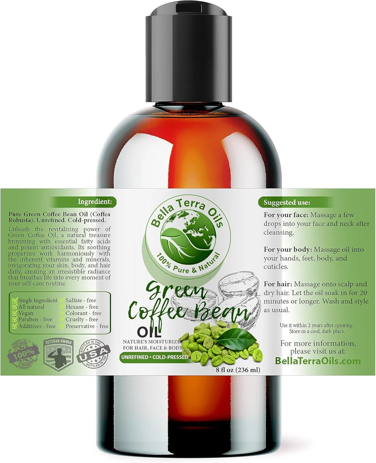 روغن حامل دانه قهوه سبز بلا ترا اویلز. ۲۴۰ میلی لیتر. پرس سرد. تصفیه نشده. ۱۰۰٪ خالص. غیر کومدوژنیک. بدون مواد شیمیایی. مناسب برای پوست زیر چشم. مرطوب کننده طبیعی برای صورت، بدن، مو