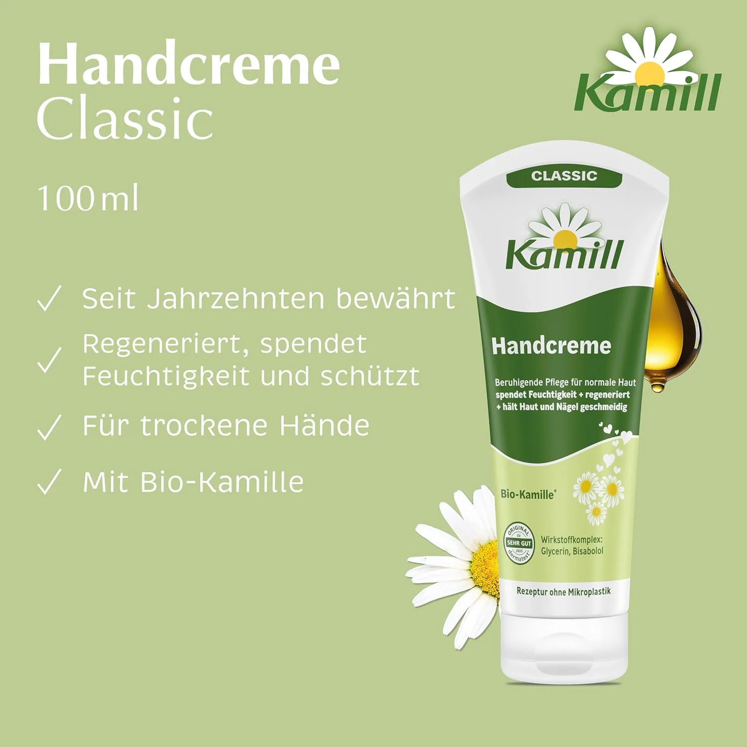 کرم دست کلاسیک کامیل 100 میلی لیتر - کرم ویگن - مراقبت از دست و ناخن با بابونه ارگانیک در اندازه مسافرتی - تسکین دهنده، محافظت کننده و مرطوب کننده
