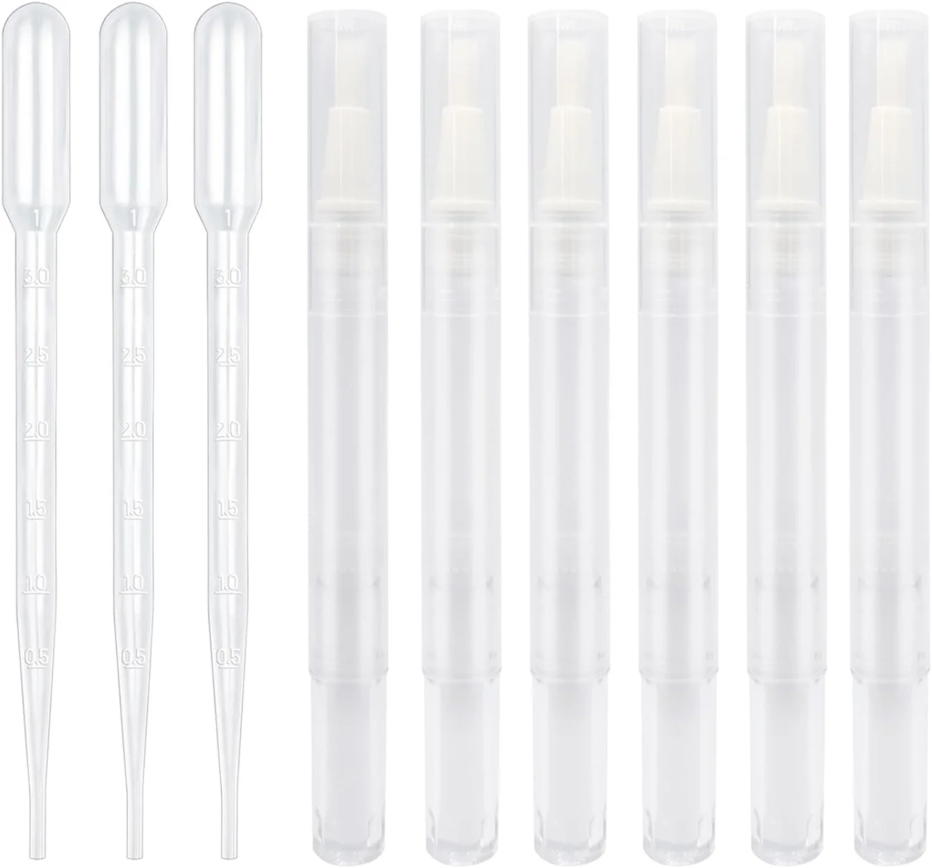 ۶ عدد لوله قلم روغن کوتیکول خالی ۳ میلی لیتری و ۳ عدد پیپت، قلم های روغن ناخن چرخشی شفاف با برس، ظروف لوازم آرایشی برای روغن ناخن خانگی، براق کننده لب، مایع رشد مژه