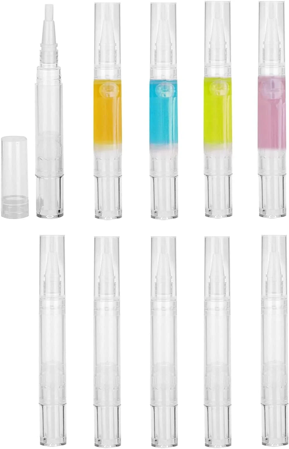 ۱۰ عدد قلم روغن کوتیکول خالی ۵ میلی لیتری، قلم پیچشی لوازم آرایشی شفاف قابل پر کردن مجدد، قلم روغن ناخن با نوک برس برای براق کننده لب، رشد مژه، روغن مغذی مایع