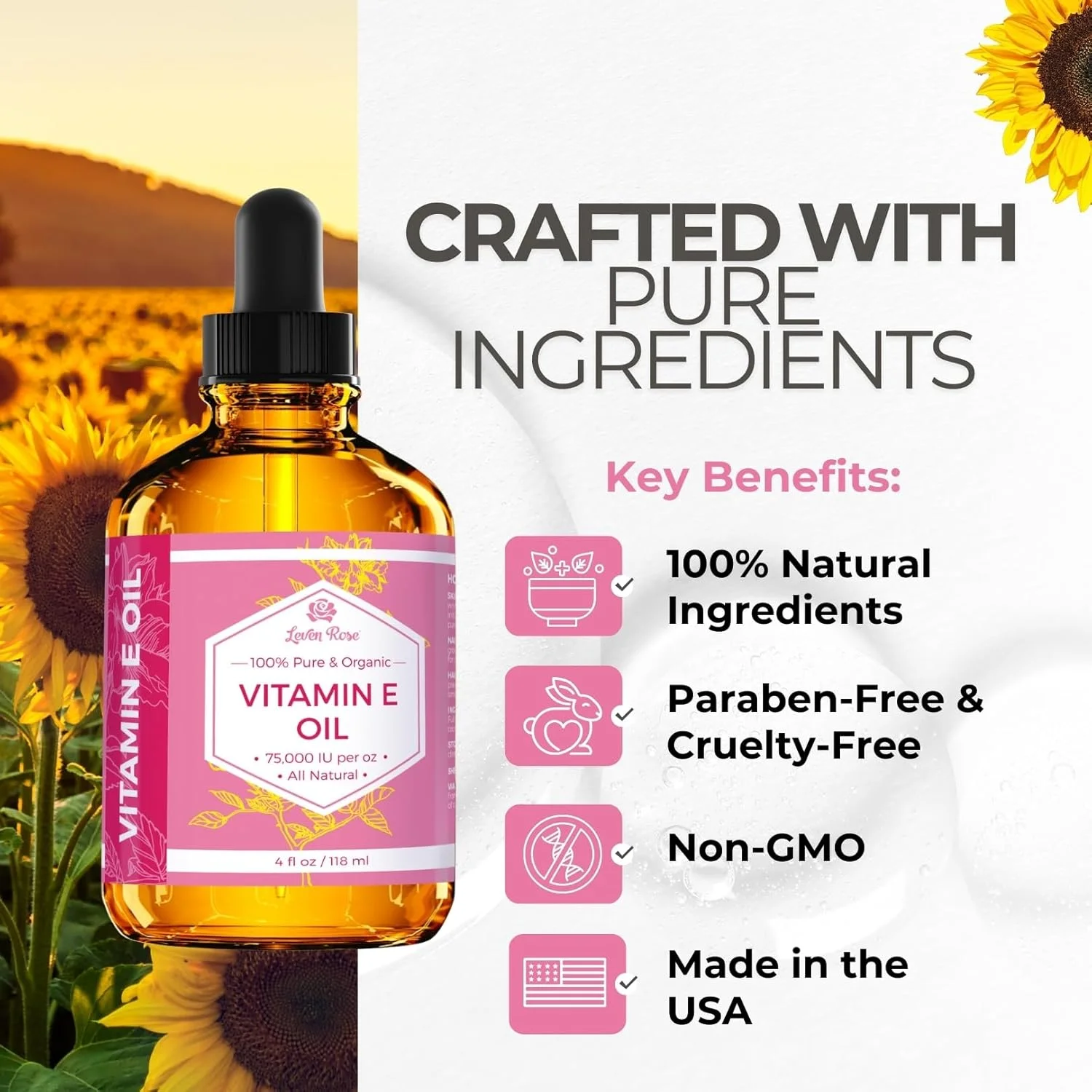 روغن ویتامین ای لون رز ۱۰۰% طبیعی، ارگانیک، روغن ویتامین ای خالص برای پوست، صورت، مو، ناخن و جای زخم، ۷۵۰۰۰ واحد بین المللی در هر اونس، ۱۱۸ میلی لیتر